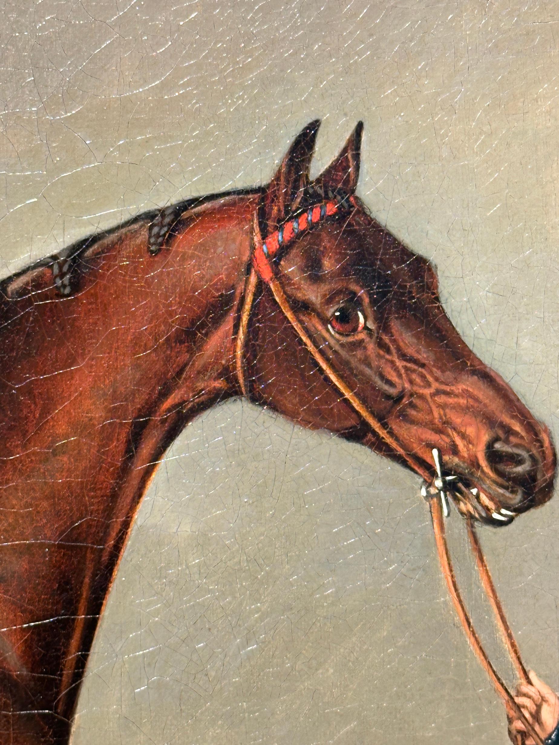 Cavallo da corsa inglese del XIX secolo a Newmarket con proprietario e stalliere in un paesaggio in vendita 4