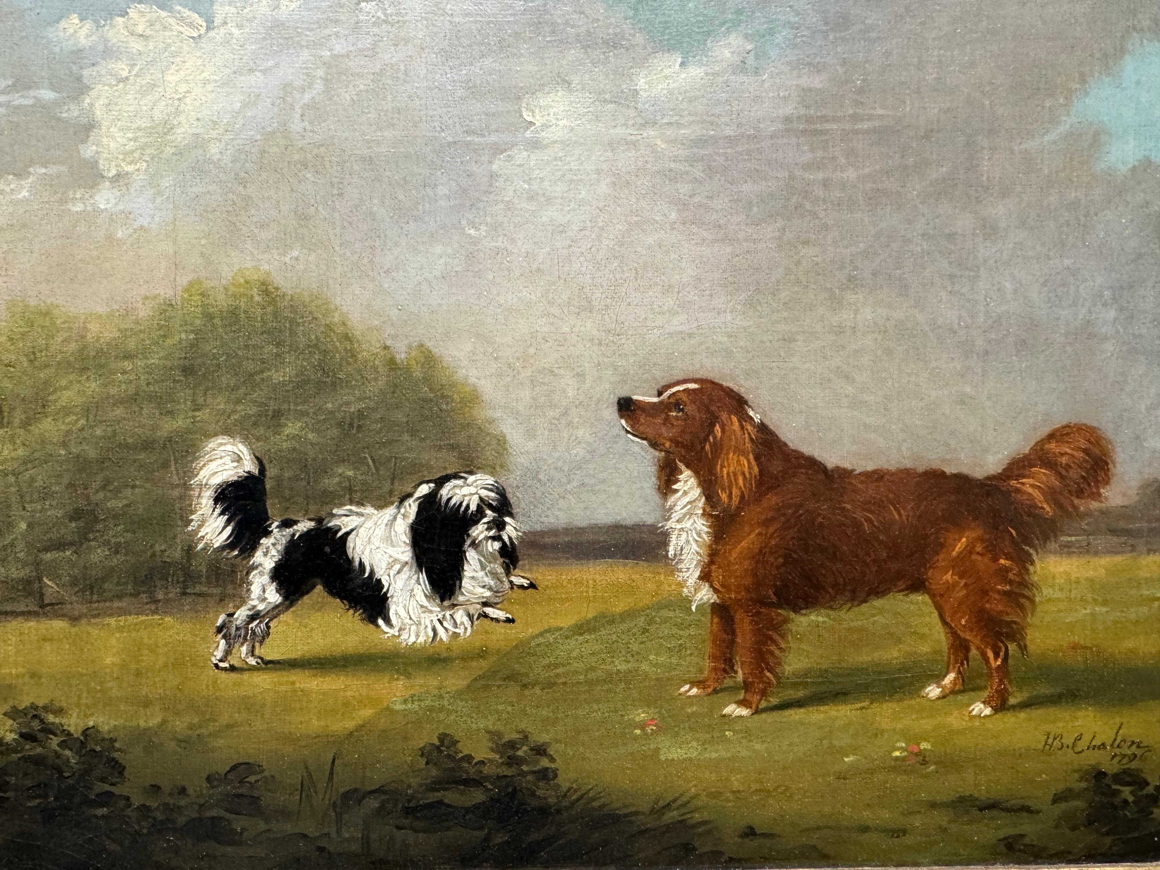 Henry Bernard Chalon (London 1770-1849)
A Löwchen and a Toller
Signed 'H. B. Chalon, 1796' lower right
Oil on canvas
Canvas Size 10 x 13 in
Framed Size 14 x 17in

Henry Bernard Chalon (1770-1849) was an English artist celebrated for his exquisite