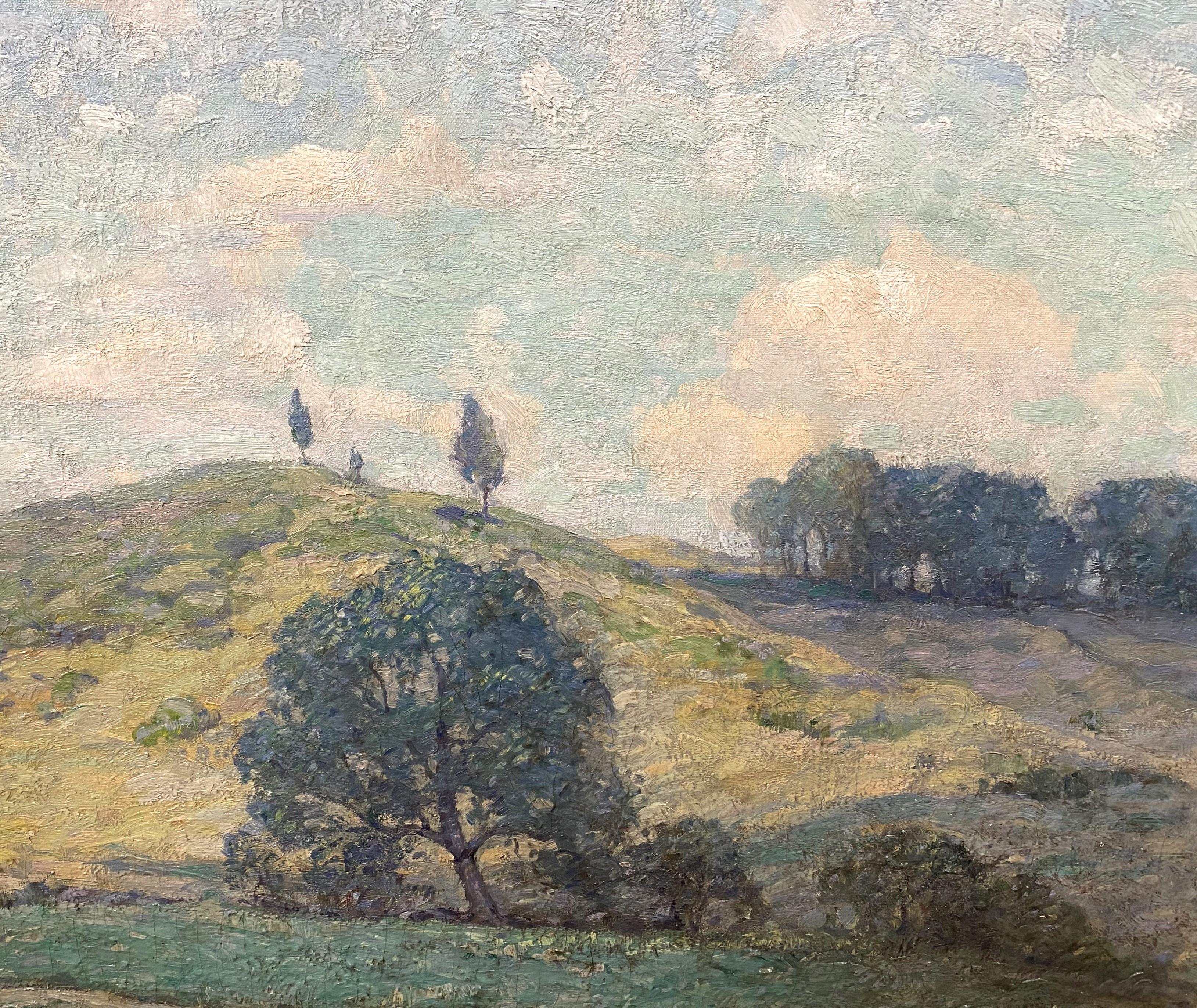 Un bel paesaggio a olio di grandi dimensioni con colline ondulate dell'artista americano Henry Bill Selden (1886-1934). Selden è nato a New London, CT, e ha ricevuto la sua educazione formale presso la Arts Students' League di New York con Charles