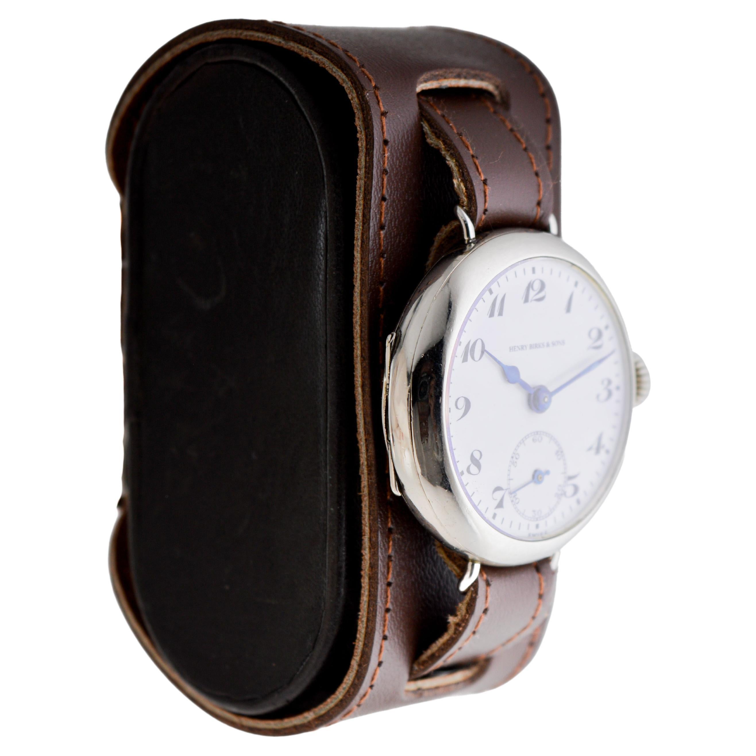 FACTORY / HOUSE: Gallet & Co for Henry Birks & Sons
STYLE / REFERENCE: Art Deco / Campaign Style
METAL / MATERIAL: Nickel Silver 
CIRCA / YEAR: 1915
DIMENSIONS / SIZE: 39mm Length X 34mm Diameter
MOVEMENT / CALIBER: Manual Winding / 15 Jewels 
DIAL