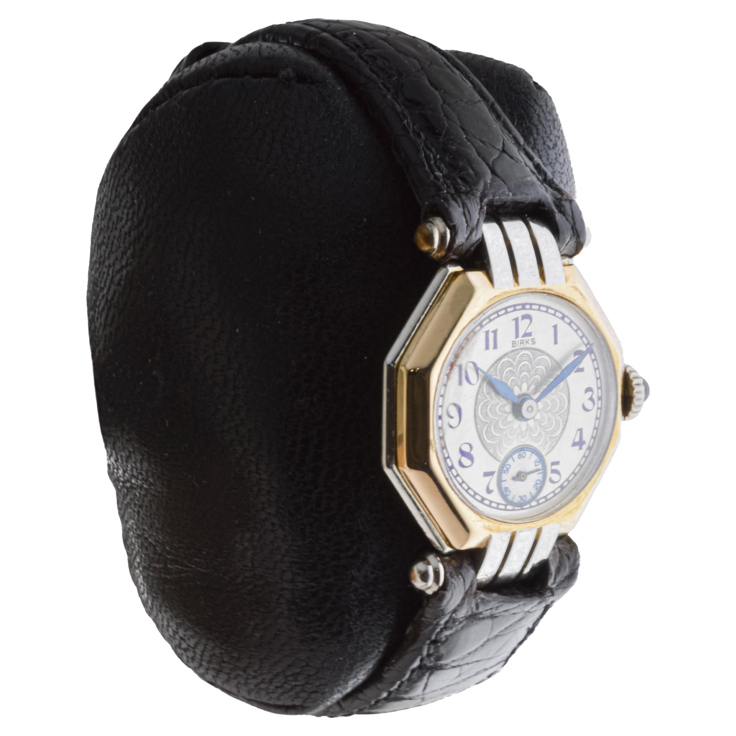 FACTORY / HOUSE: Tavannes for Birks Watch Company
STYLE / REFERENCE: Art Deco / Octagon Shape
METAL / MATERIAL: 18Kt Two Tone Solid Gold
CIRCA / YEAR: 1930's
DIMENSIONS / SIZE: Length 28mm X Diameter 21mm
MOVEMENT / CALIBER: Manual Winding / 15