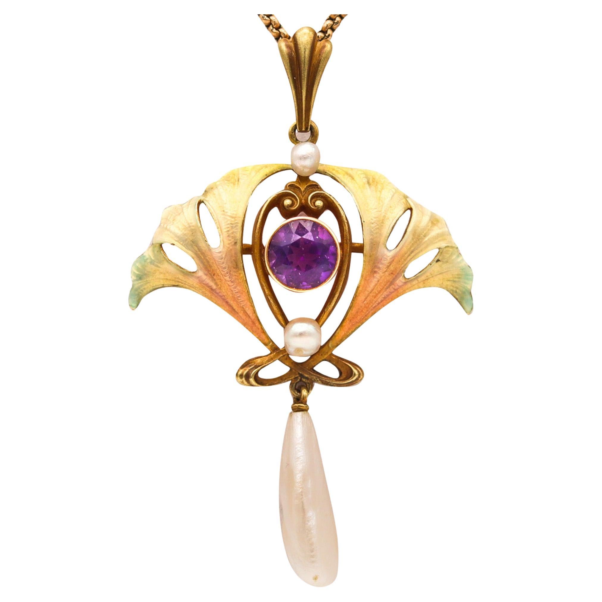 Henry Blank & Co. 1900 Art Nouveau Enameled Necklace In 14Kt Gold With Pearls For Sale