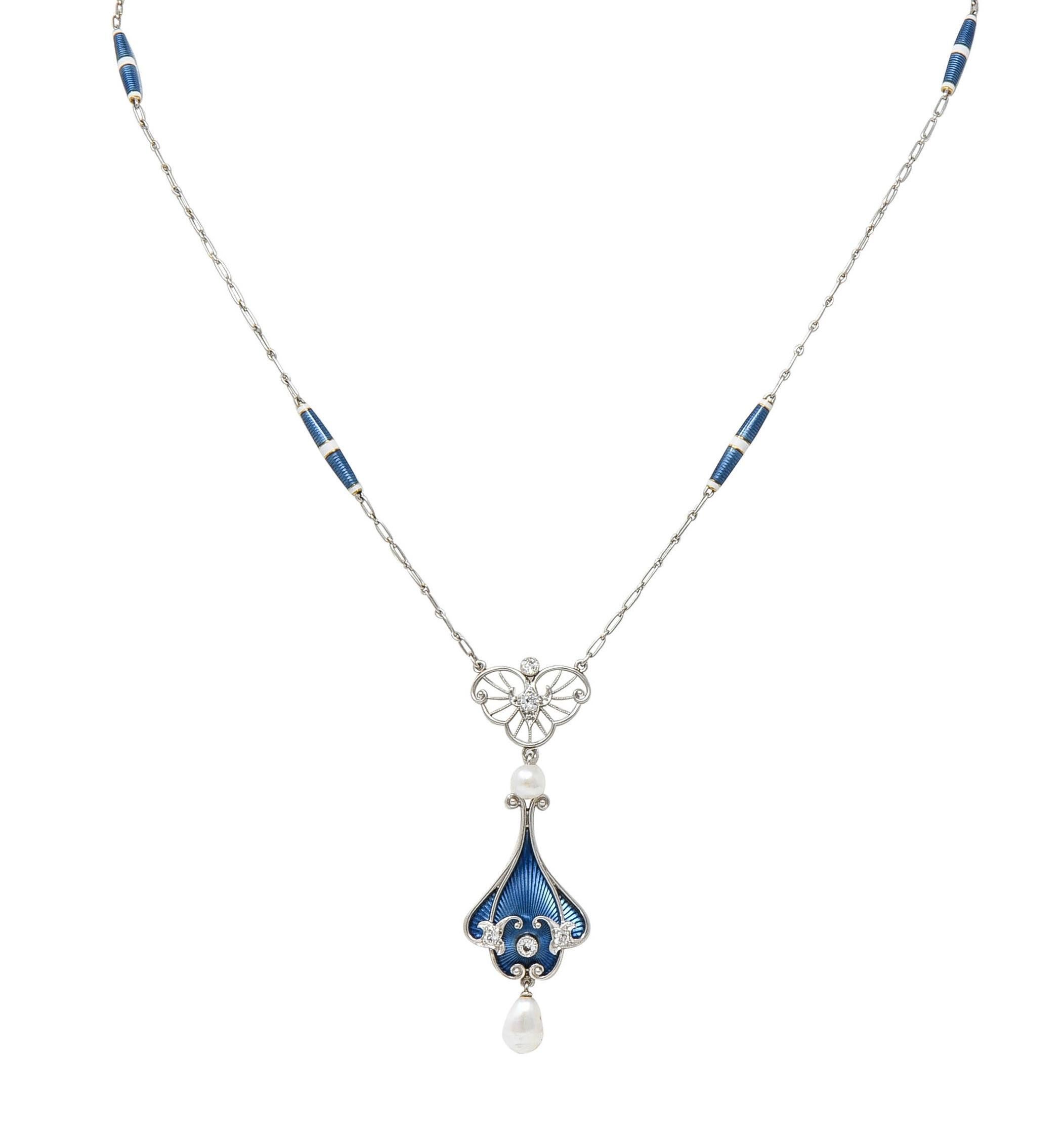 Henry Blank & Co. 1910 Diamond Enamel Platinum 14K Gold Antique Sautoir Necklace In Excellent Condition In Philadelphia, PA