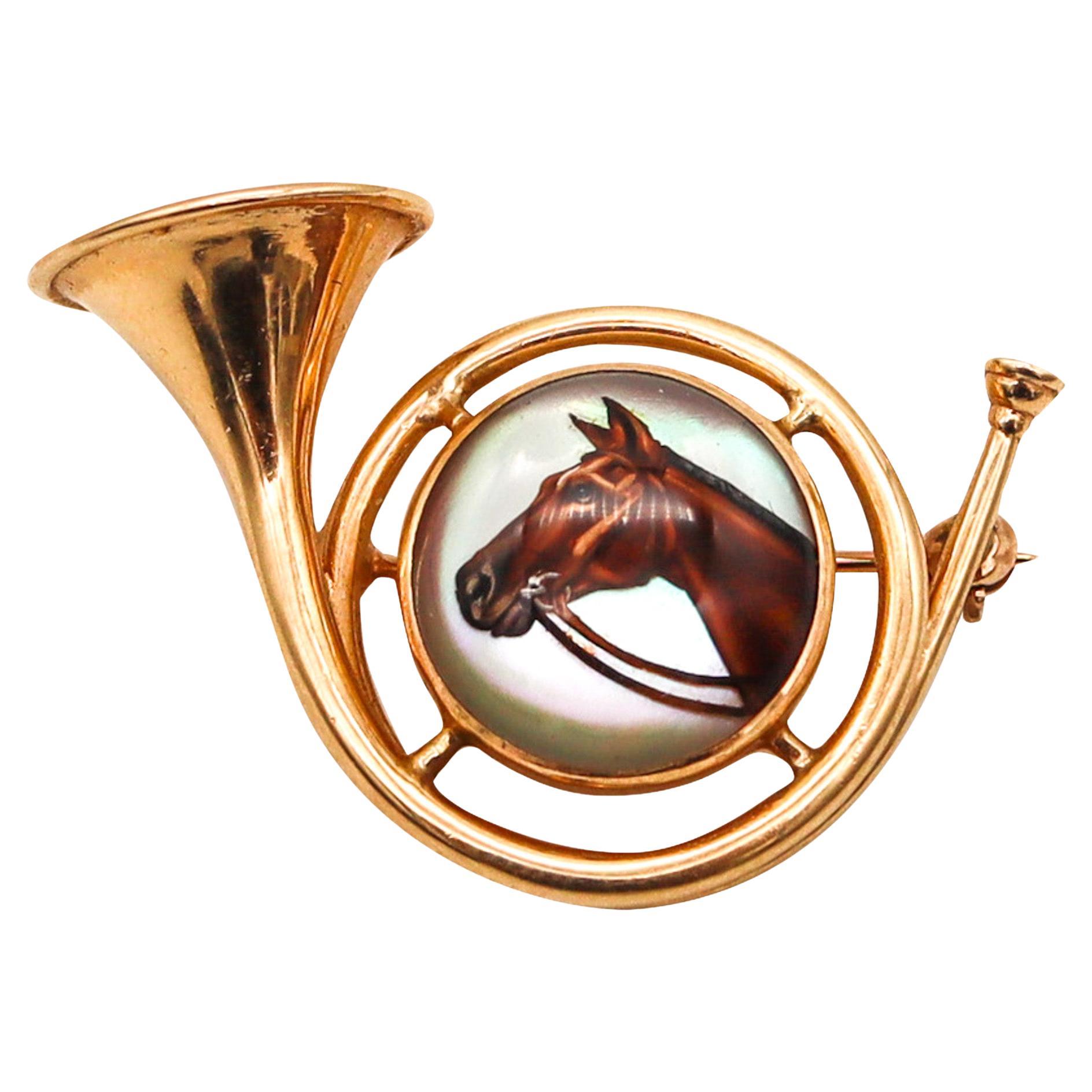 Henry Blank & Co. 1925 Essex Glass Hunting Trumpet Horse Pin In 14Kt Yellow Gold