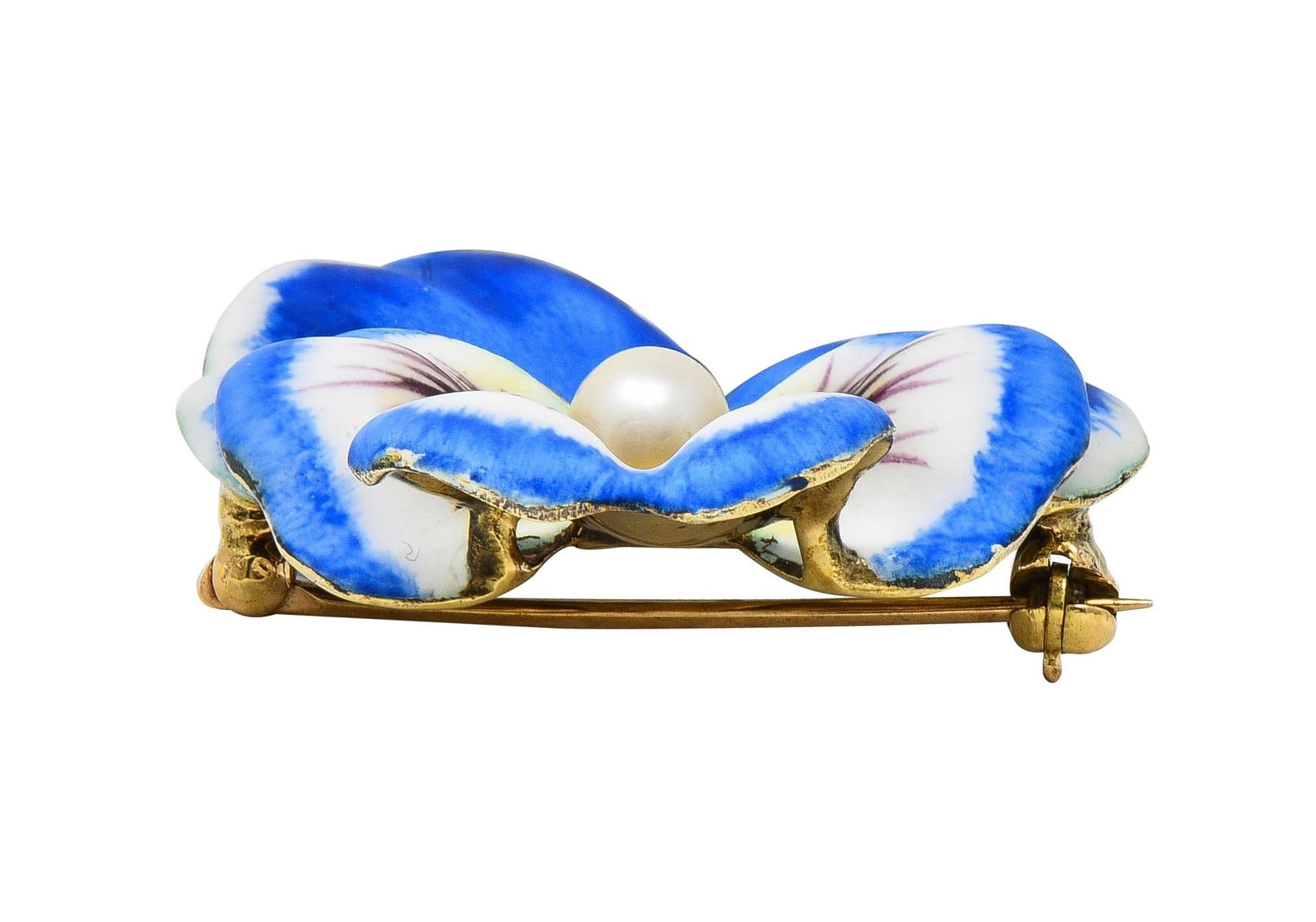 Henry Blank & Co. Art Nouveau Enamel Pearl 14 Karat Gold Antique Pansy Brooch 5