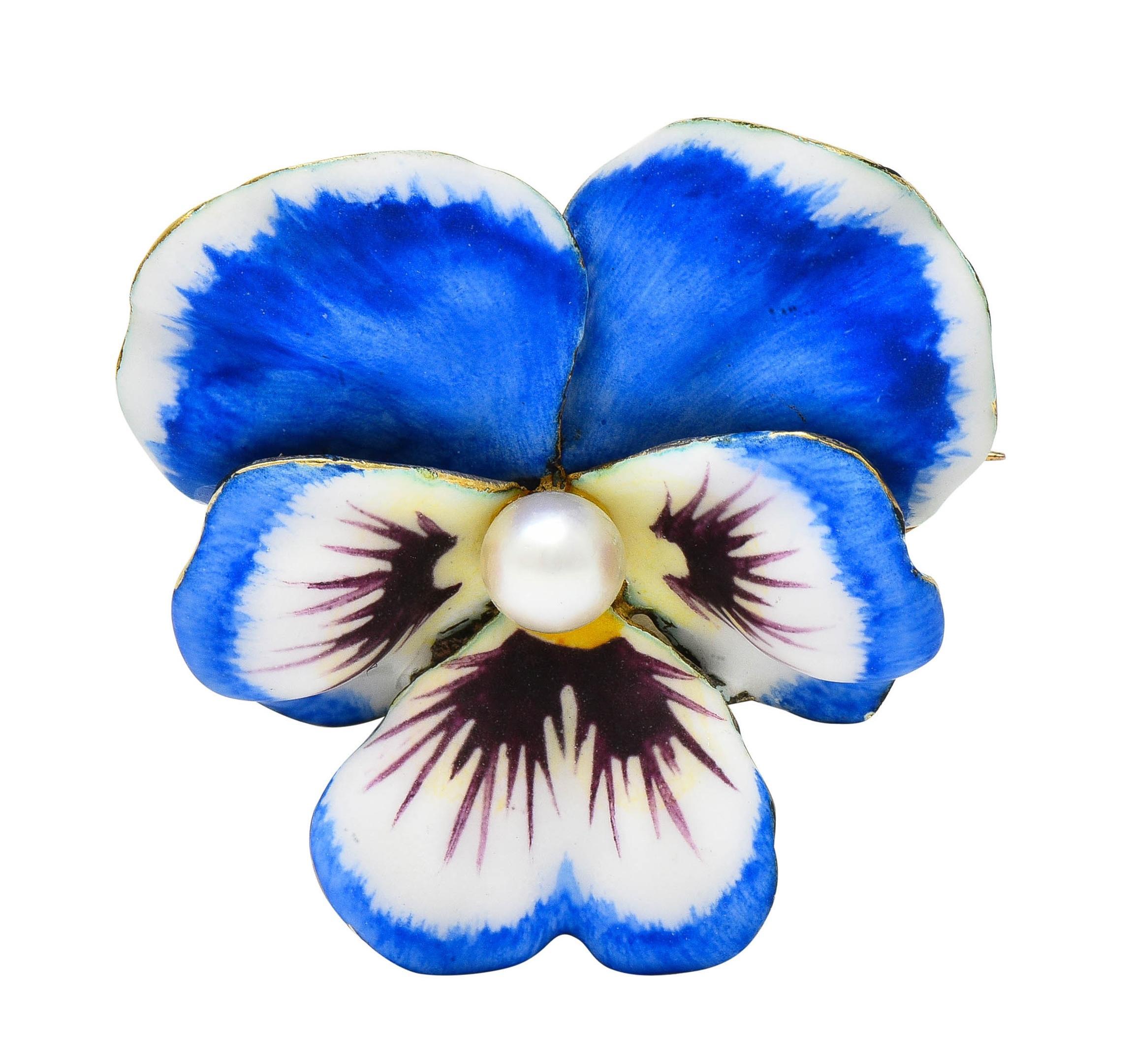 Henry Blank & Co. Art Nouveau Enamel Pearl 14 Karat Gold Antique Pansy Brooch 6