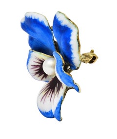 Henry Blank & Co. Antike Pansy-Brosche im Jugendstil, Emaille Perle 14 Karat Gold
