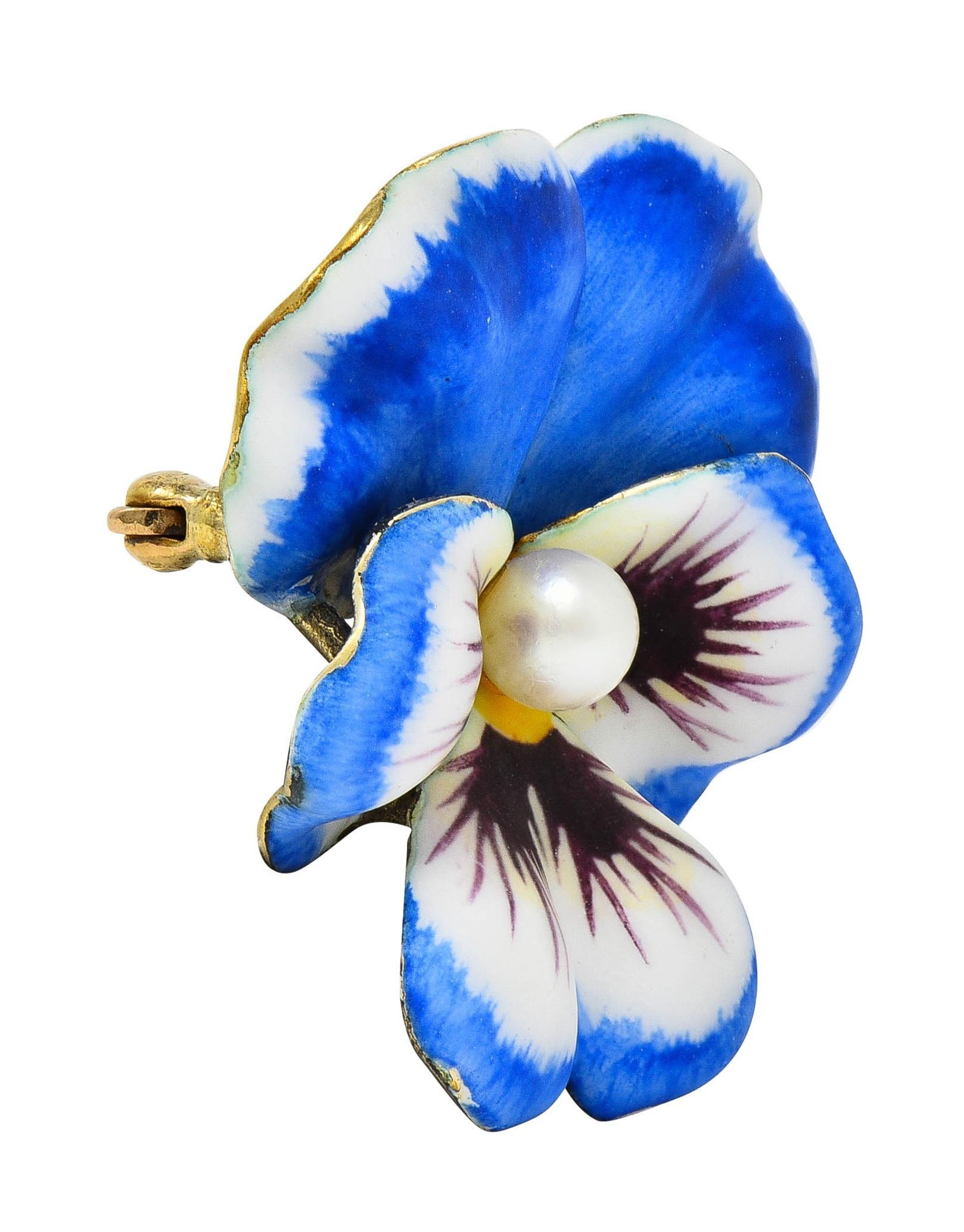 Henry Blank & Co. Art Nouveau Enamel Pearl 14 Karat Gold Antique Pansy Brooch In Excellent Condition In Philadelphia, PA