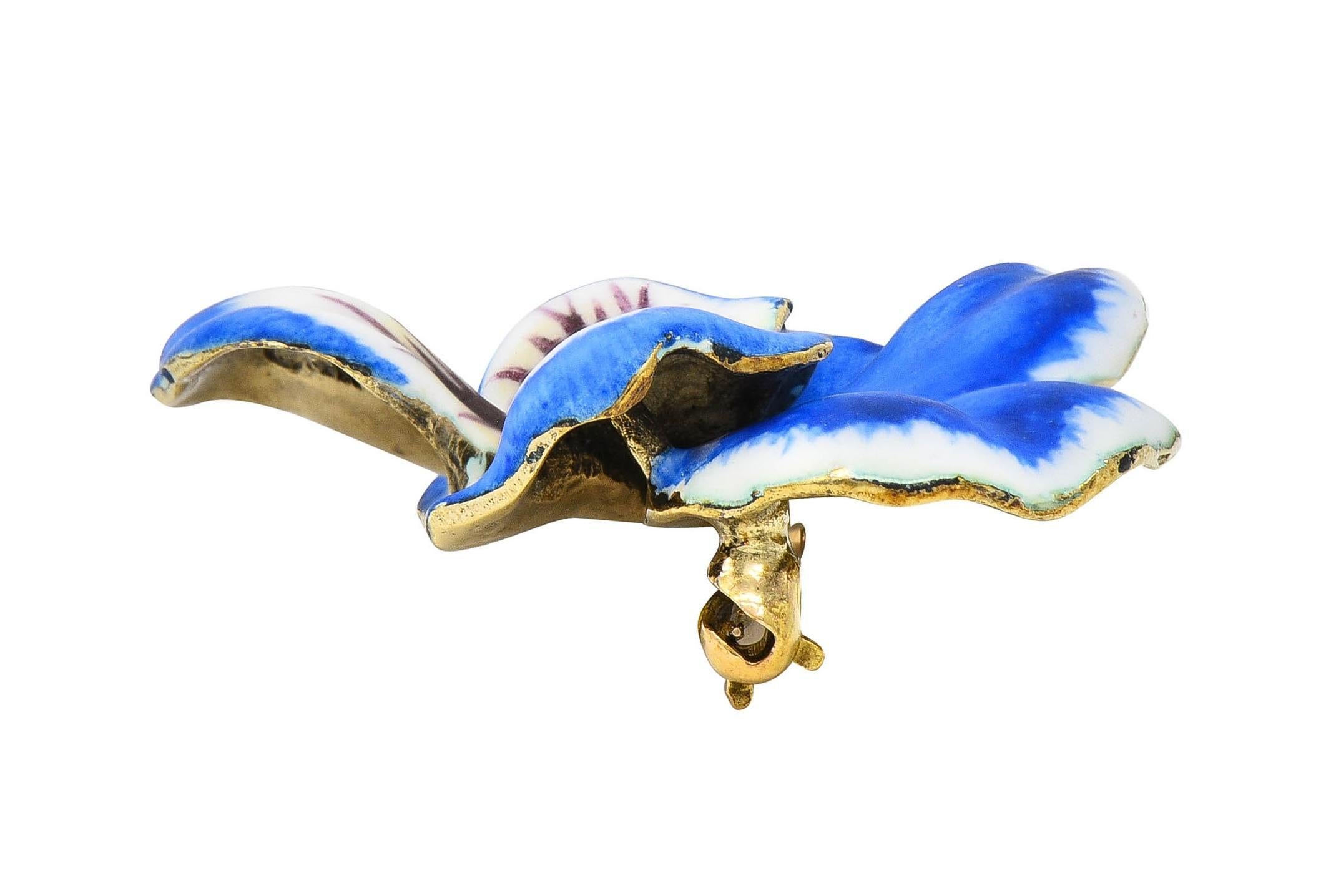Henry Blank & Co. Art Nouveau Enamel Pearl 14 Karat Gold Antique Pansy Brooch 2