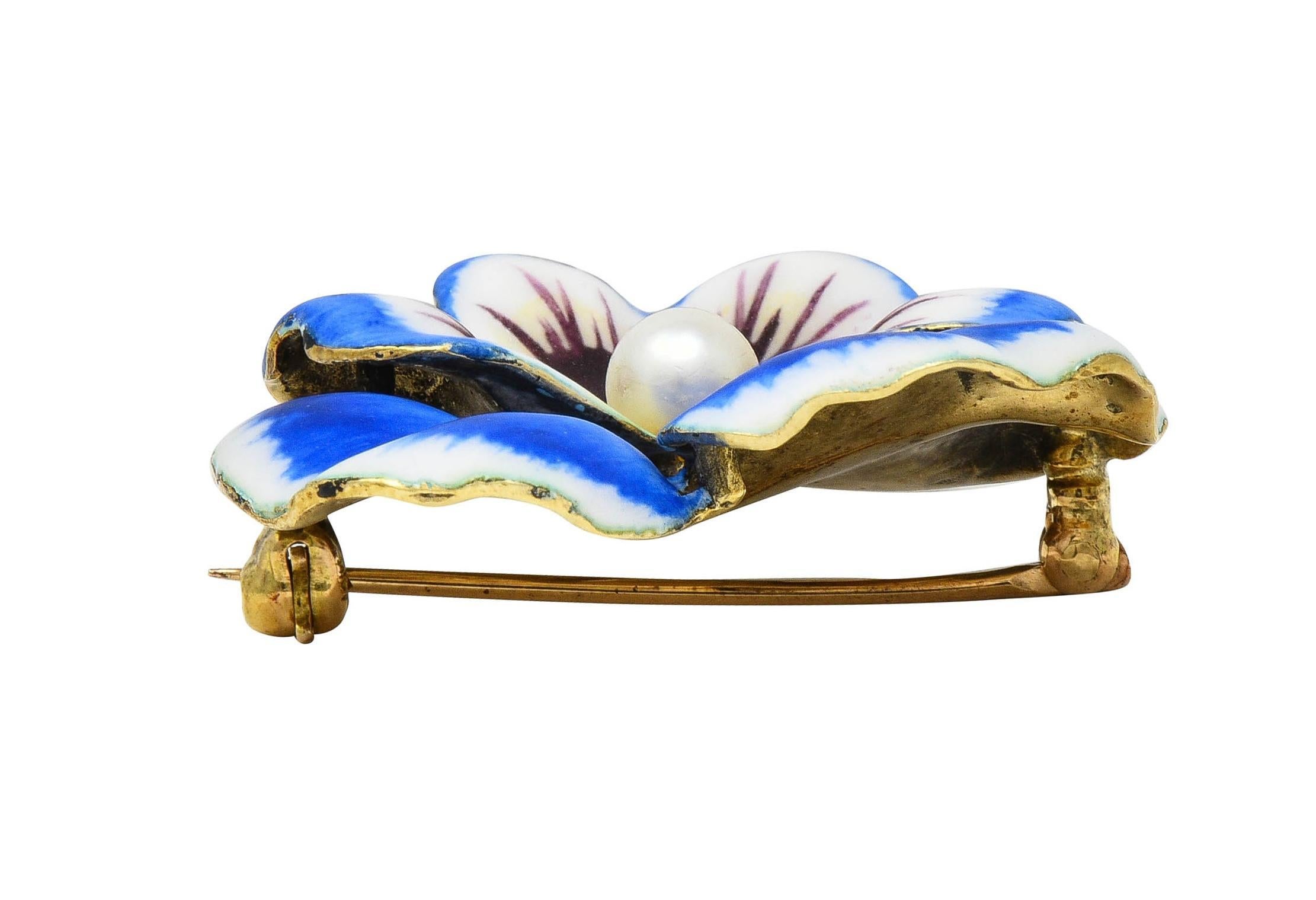 Henry Blank & Co. Art Nouveau Enamel Pearl 14 Karat Gold Antique Pansy Brooch 3
