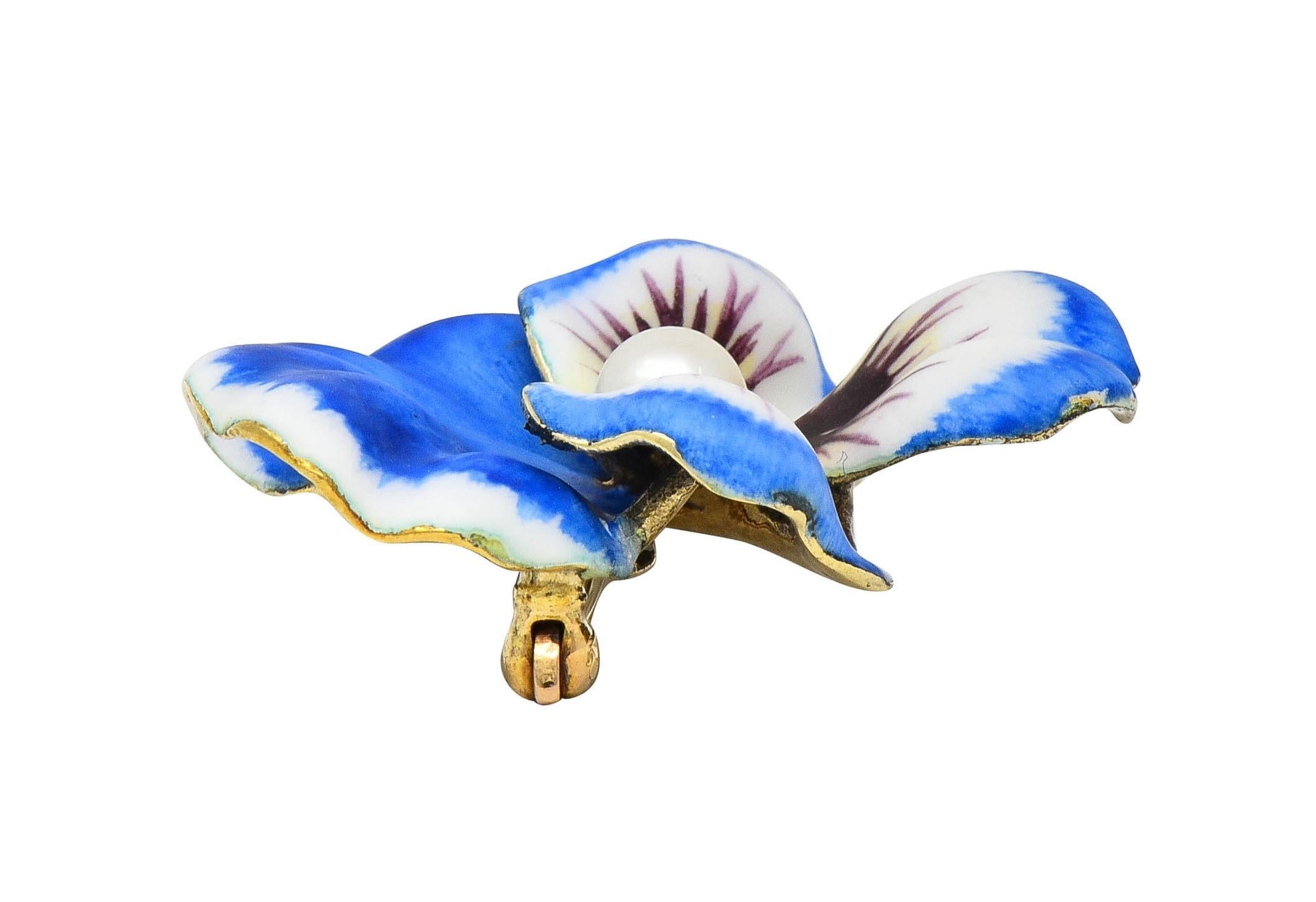 Henry Blank & Co. Art Nouveau Enamel Pearl 14 Karat Gold Antique Pansy Brooch 4