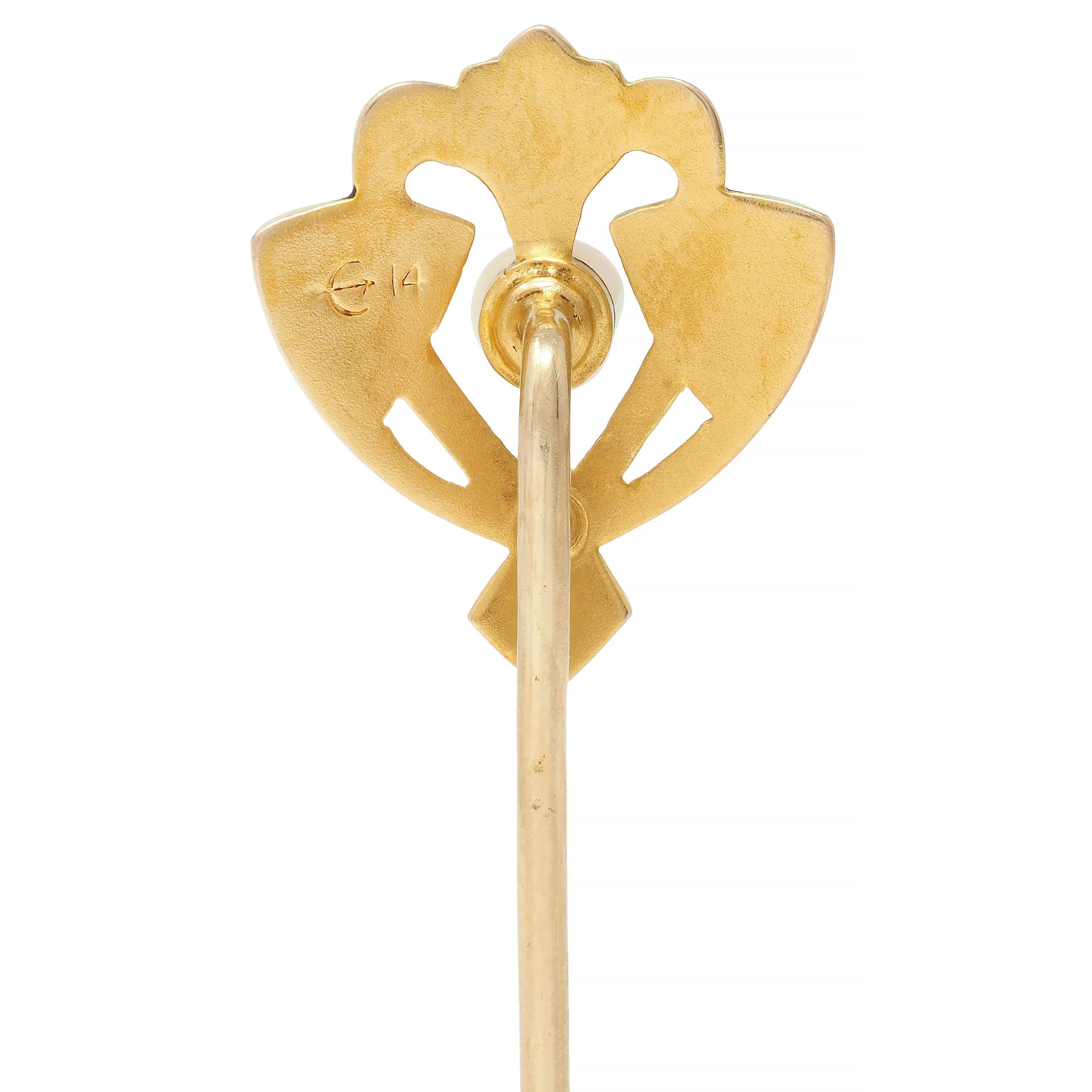 Henry Blank & Co. Art Nouveau Pearl 14 Karat Yellow Gold Antique Shield Stickpin In Excellent Condition For Sale In Philadelphia, PA
