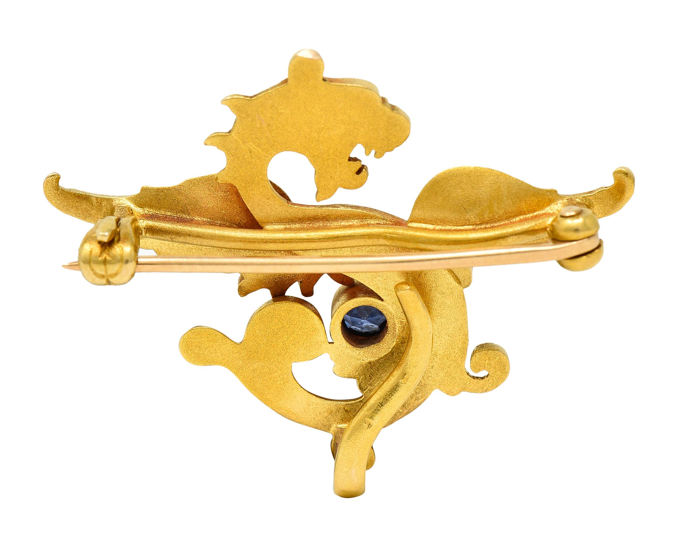 Round Cut Henry Blank & Co. Art Nouveau Sapphire 14 Karat Gold Serpent Antique Brooch