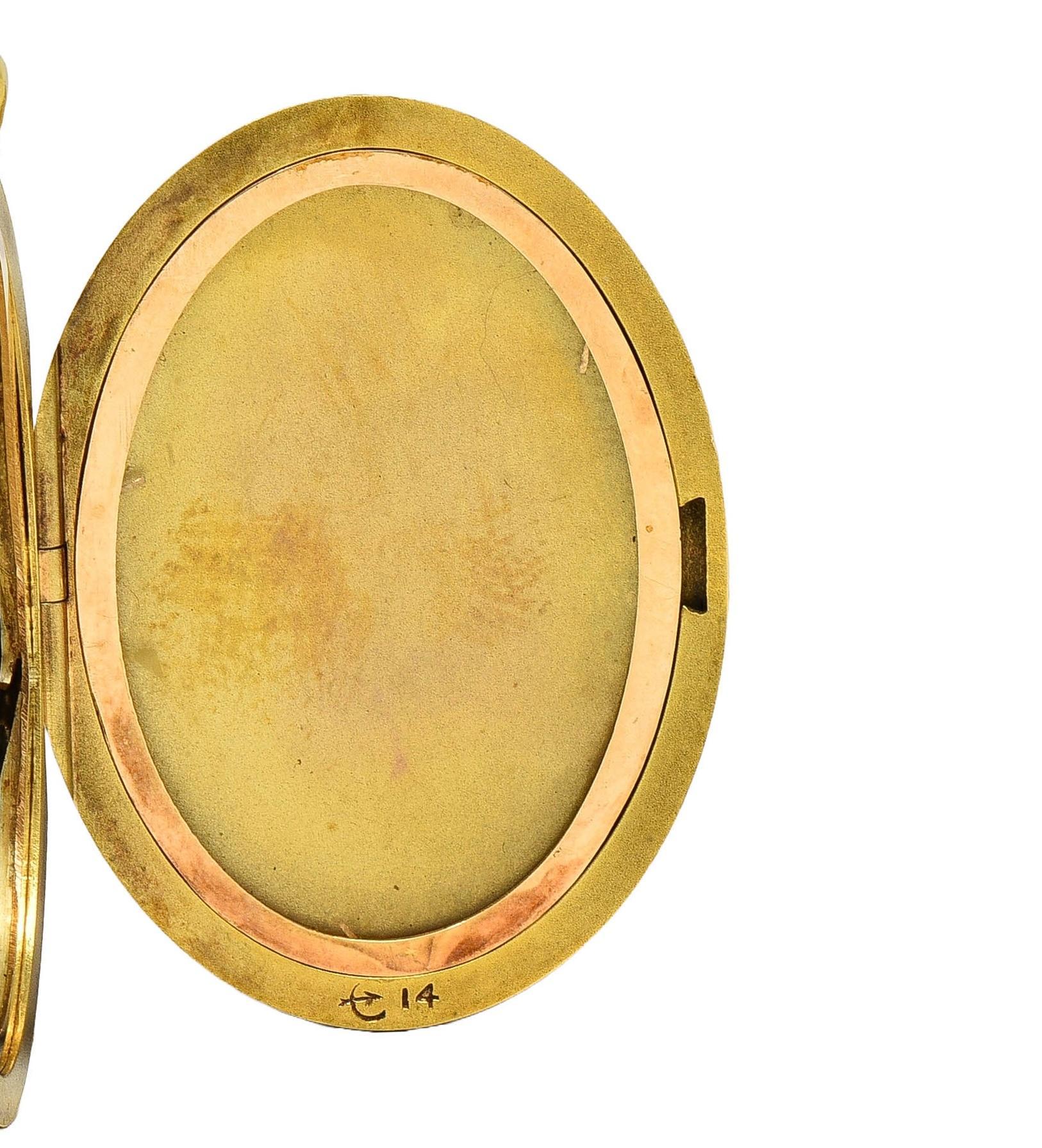 Henry Blank & Co. Diamond Guilloche Enamel 14 Karat Gold Antique Locket Pendant For Sale 5