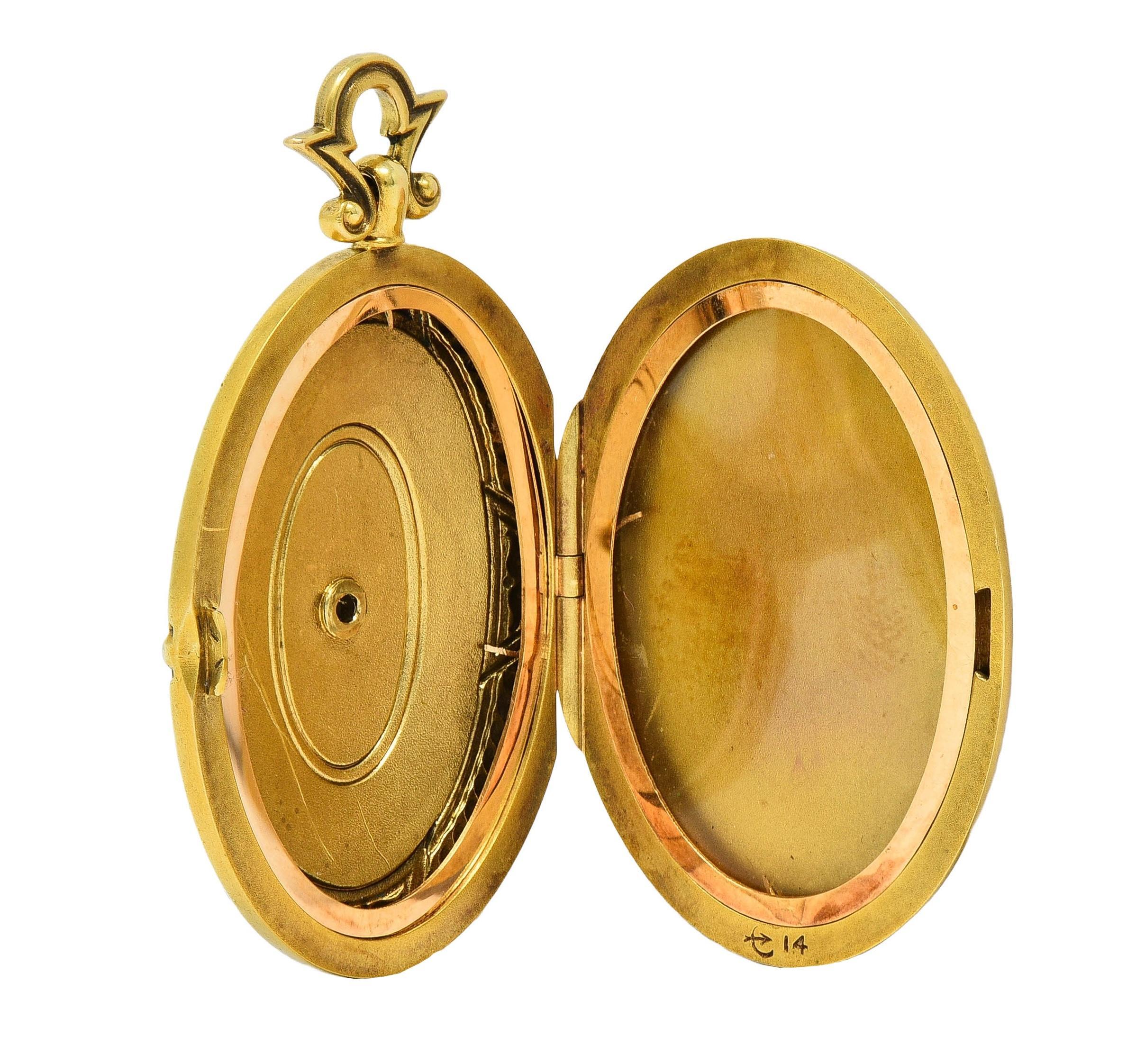 Henry Blank & Co. Diamond Guilloche Enamel 14 Karat Gold Antique Locket Pendant For Sale 6