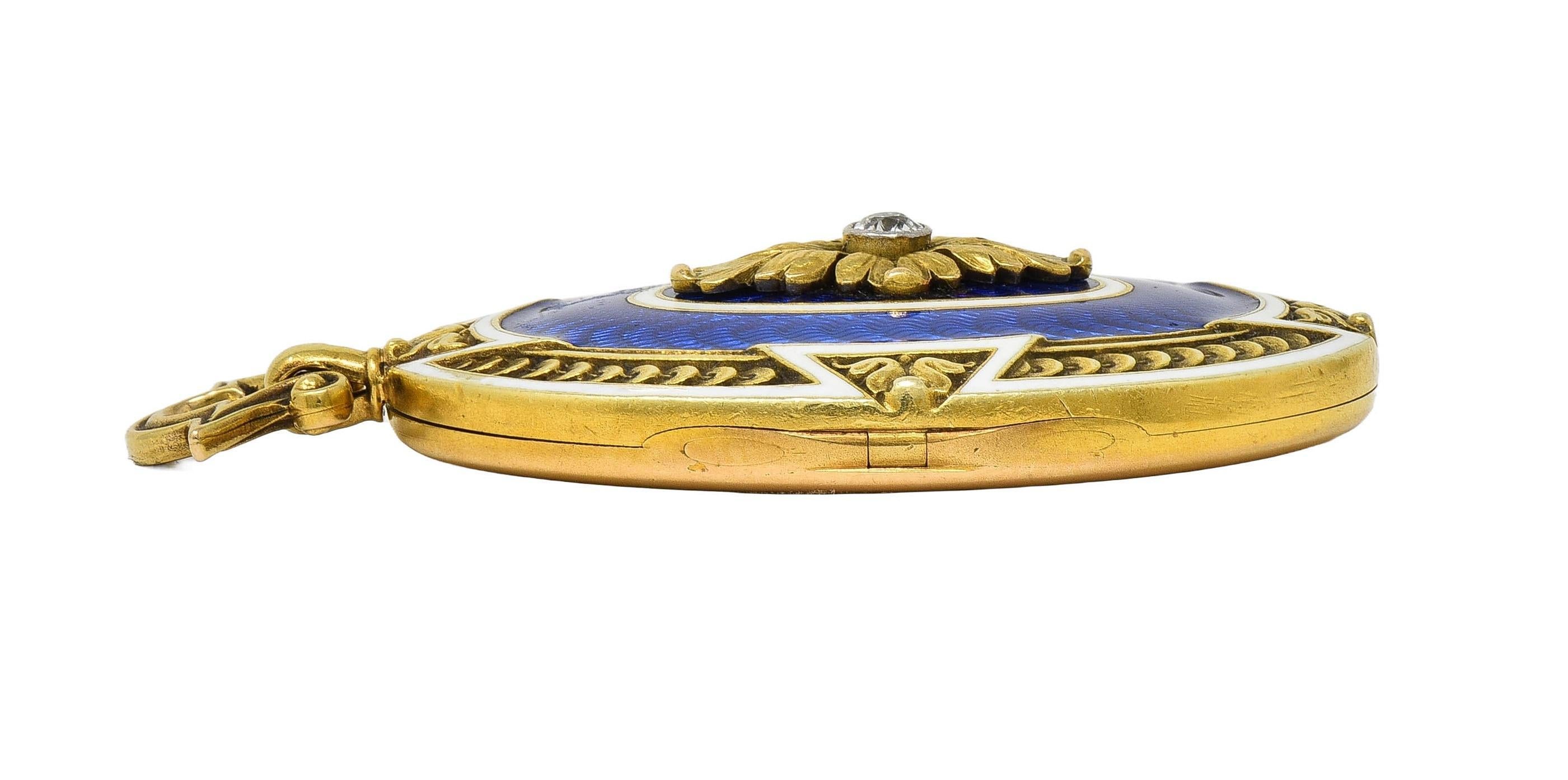 Henry Blank & Co. Diamond Guilloche Enamel 14 Karat Gold Antique Locket Pendant For Sale 7