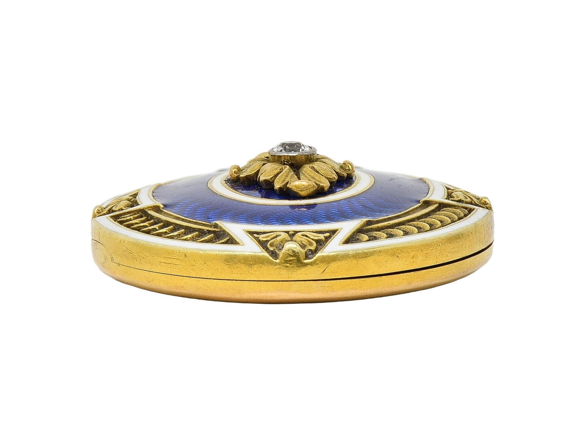 Henry Blank & Co. Diamond Guilloche Enamel 14 Karat Gold Antique Locket Pendant For Sale 8