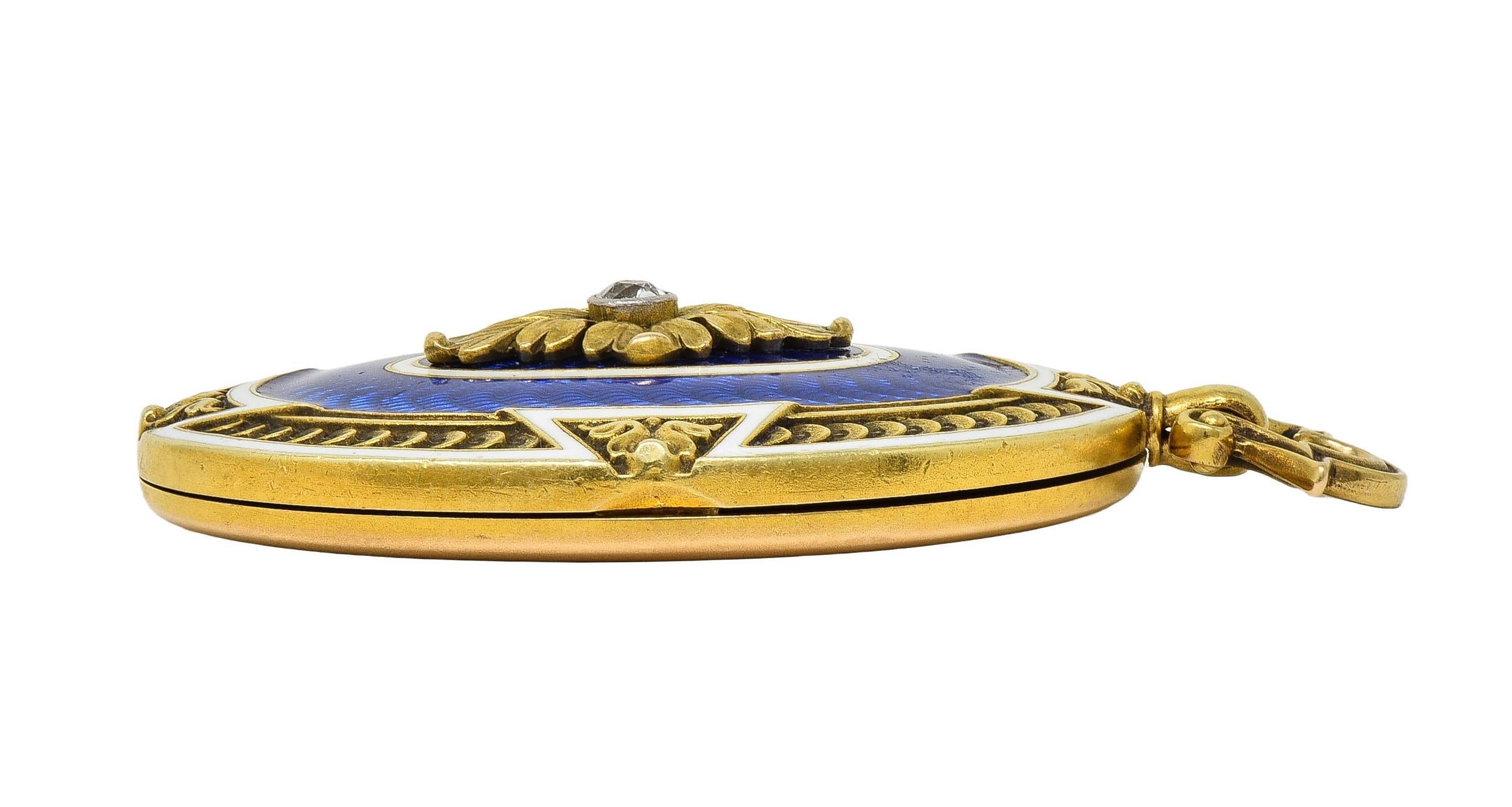 Henry Blank & Co. Diamond Guilloche Enamel 14 Karat Gold Antique Locket Pendant For Sale 9