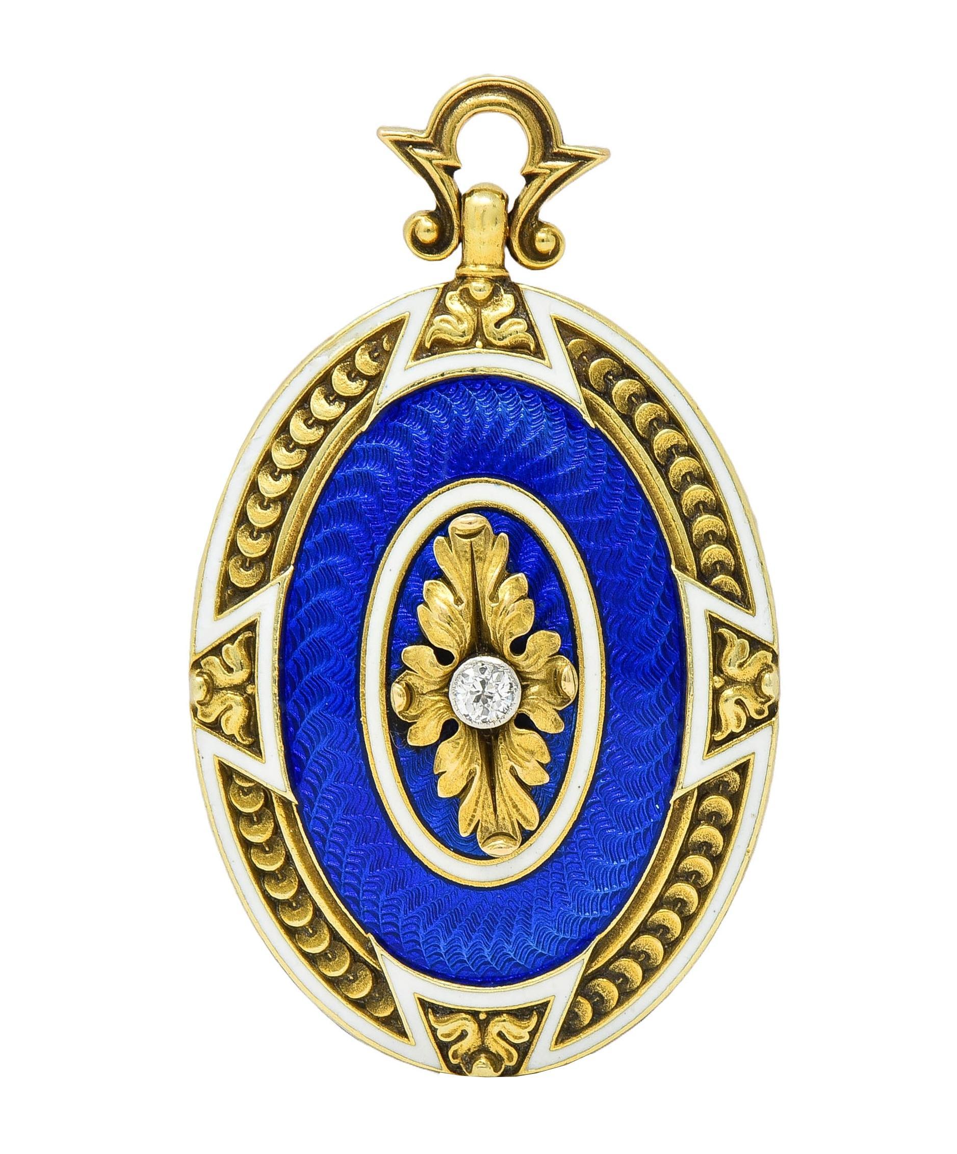 Henry Blank & Co. Diamond Guilloche Enamel 14 Karat Gold Antique Locket Pendant For Sale 11