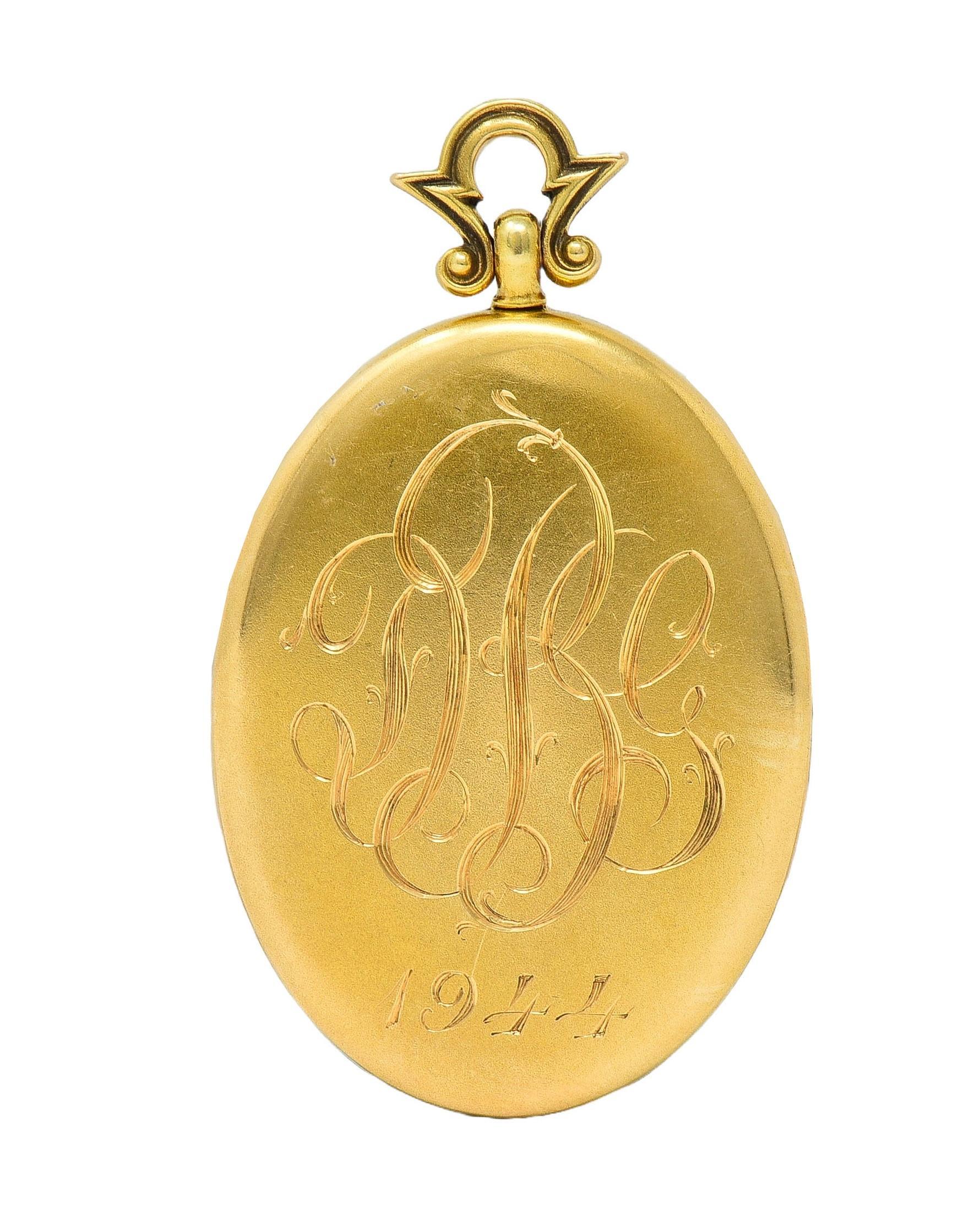 Old European Cut Henry Blank & Co. Diamond Guilloche Enamel 14 Karat Gold Antique Locket Pendant For Sale