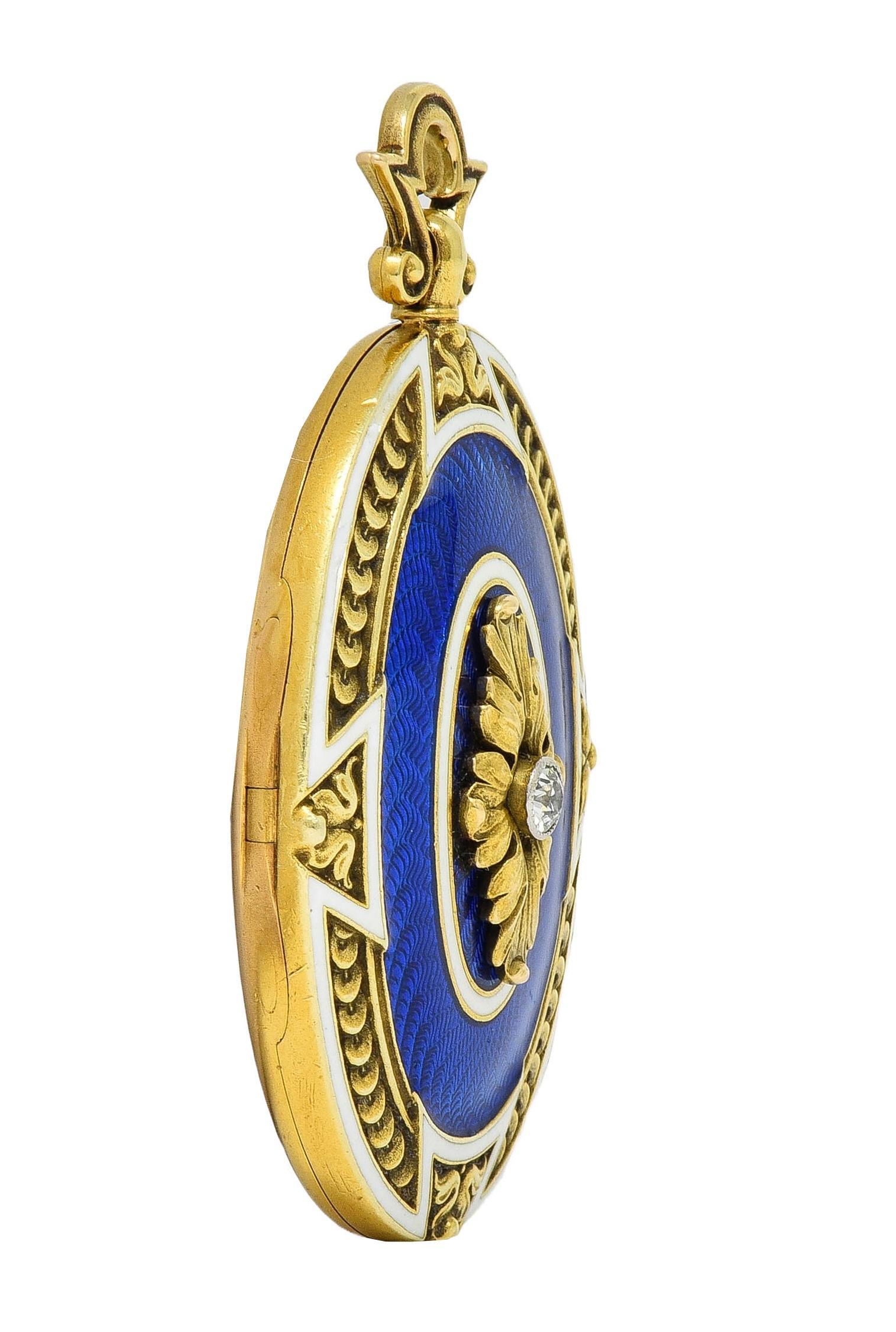 Henry Blank & Co. Diamond Guilloche Enamel 14 Karat Gold Antique Locket Pendant In Excellent Condition For Sale In Philadelphia, PA