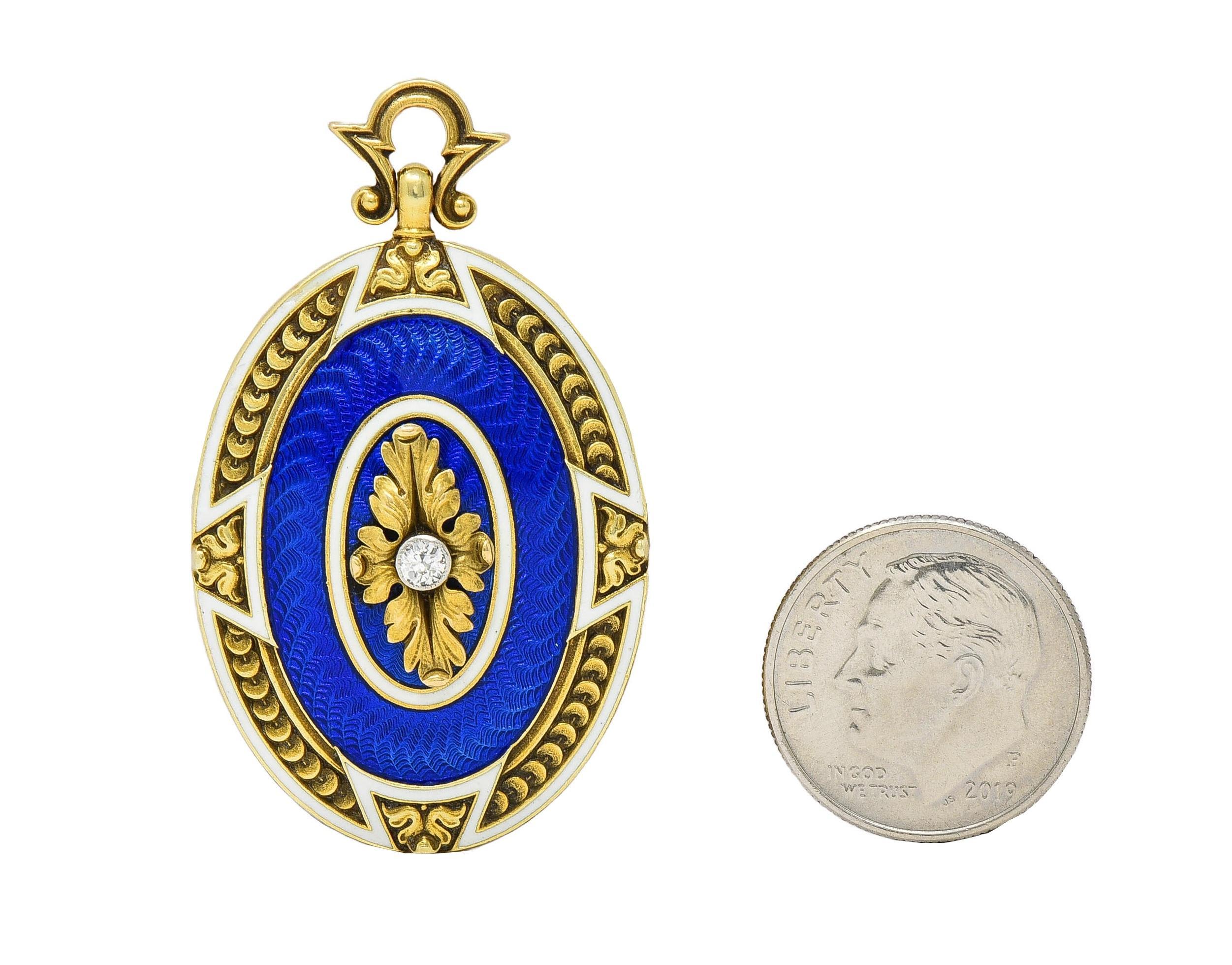 Women's or Men's Henry Blank & Co. Diamond Guilloche Enamel 14 Karat Gold Antique Locket Pendant For Sale