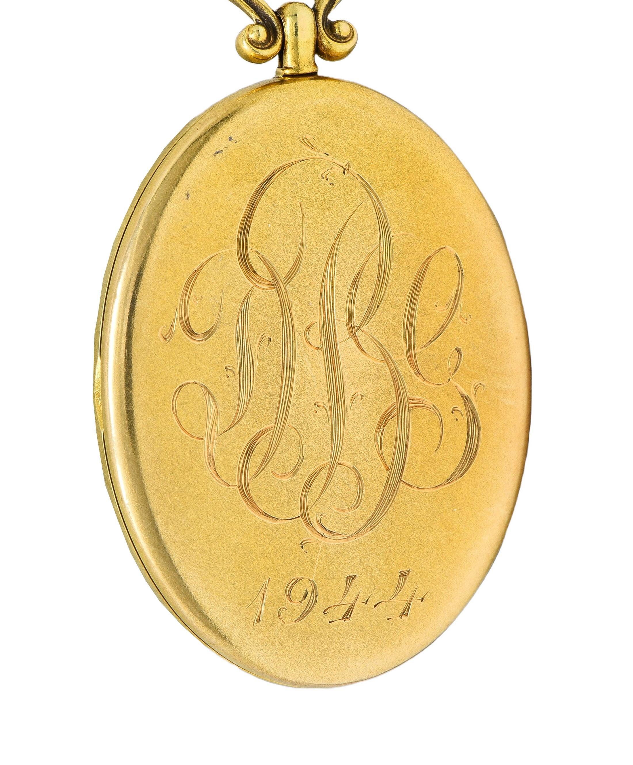 Henry Blank & Co. Diamond Guilloche Enamel 14 Karat Gold Antique Locket Pendant For Sale 1