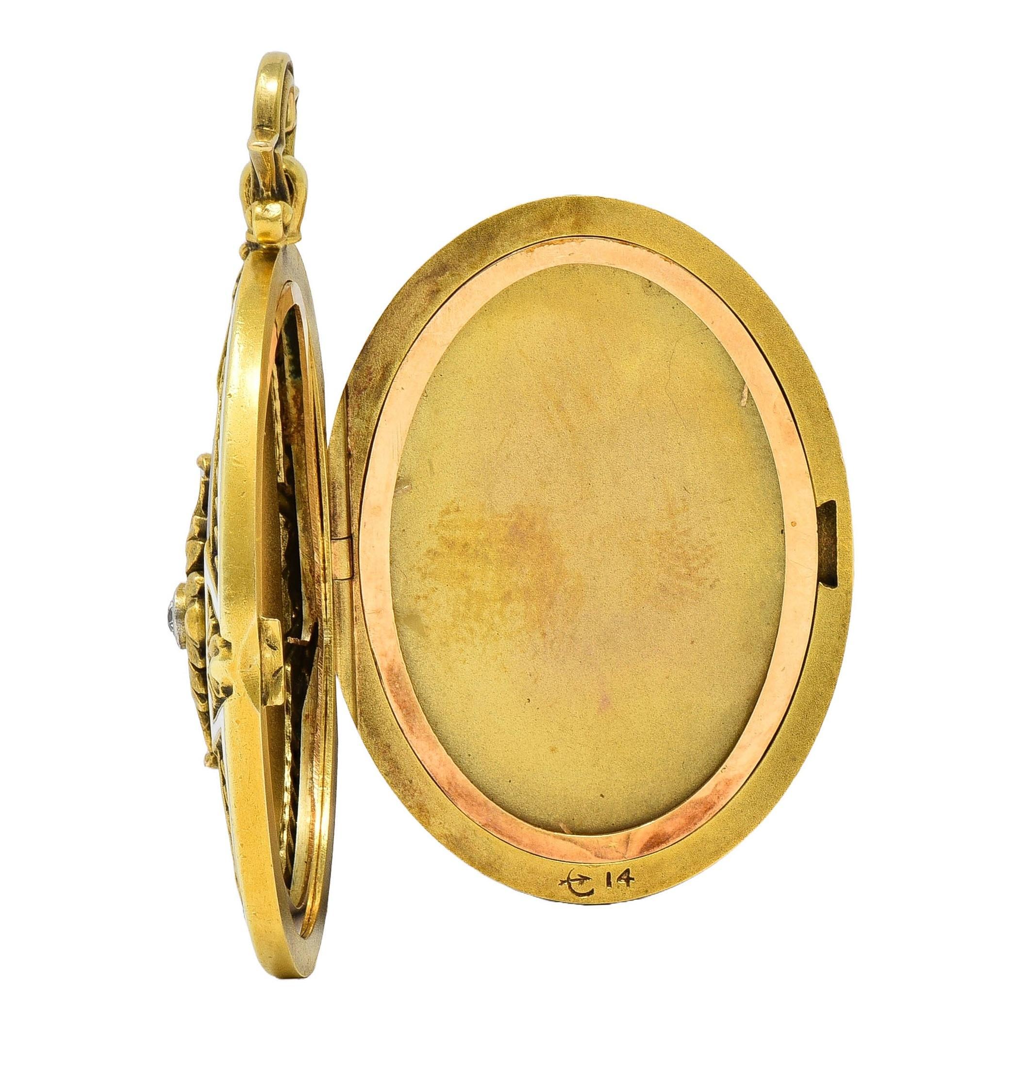 Henry Blank & Co. Diamond Guilloche Enamel 14 Karat Gold Antique Locket Pendant For Sale 3