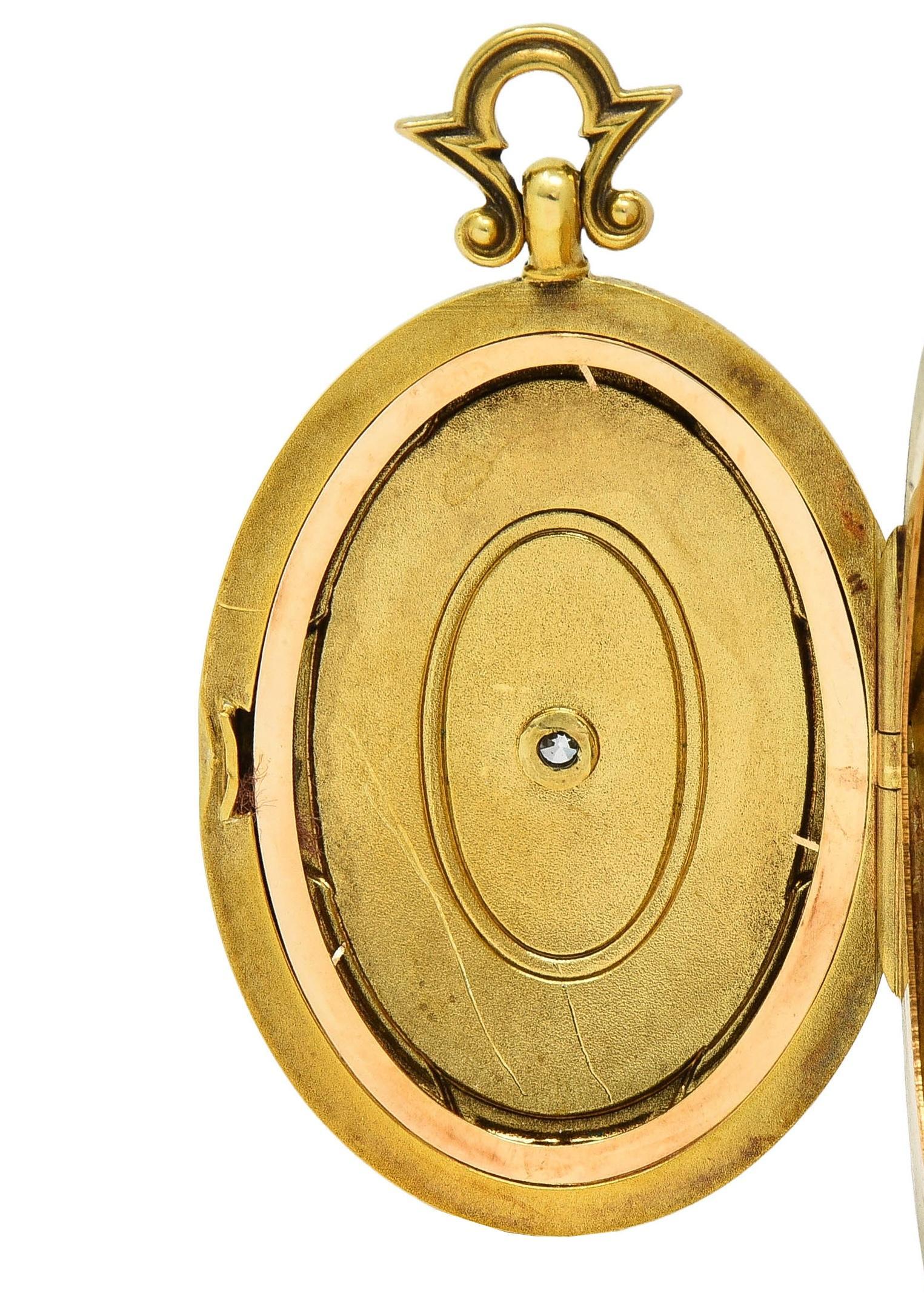 Henry Blank & Co. Diamond Guilloche Enamel 14 Karat Gold Antique Locket Pendant For Sale 4