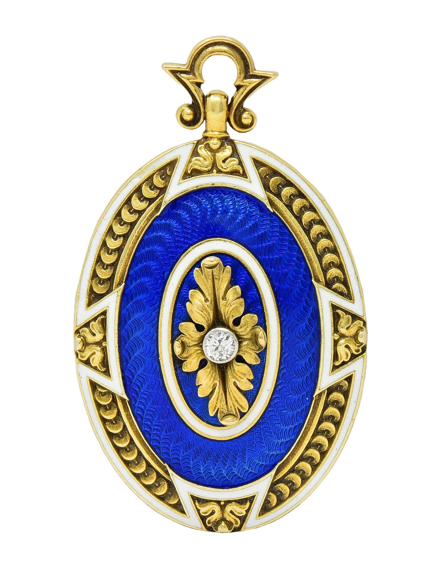 Henry Blank & Co. Diamond Guilloche Enamel 14 Karat Gold Antique Locket Pendant For Sale