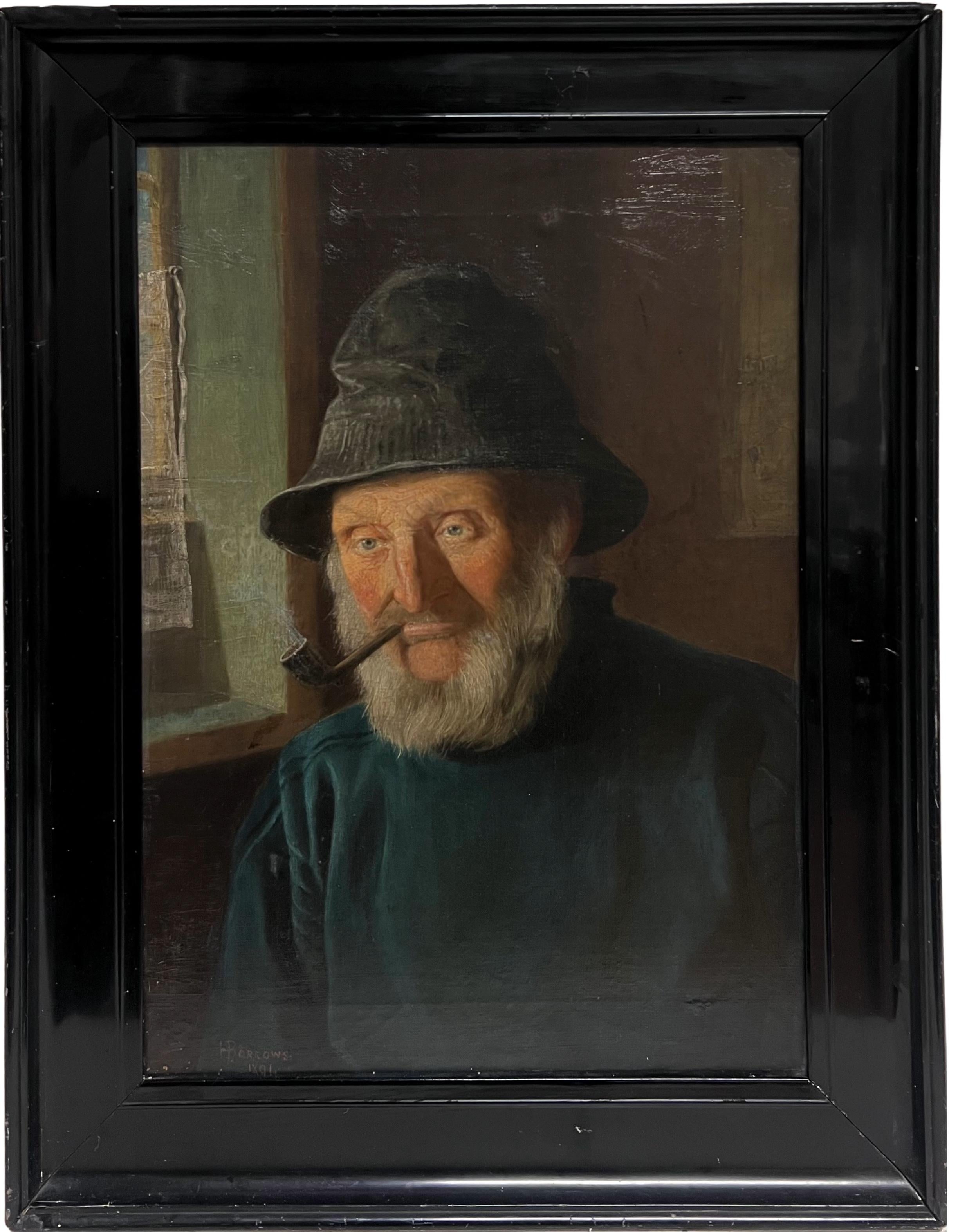 1890's Portrait Painting of Whitby Fisherman in Yorkshire England Large Oil - Black Figurative Painting by Henry Borrows