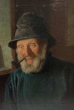 1890's Portrait Painting of Whitby Fisherman in Yorkshire England Large Oil