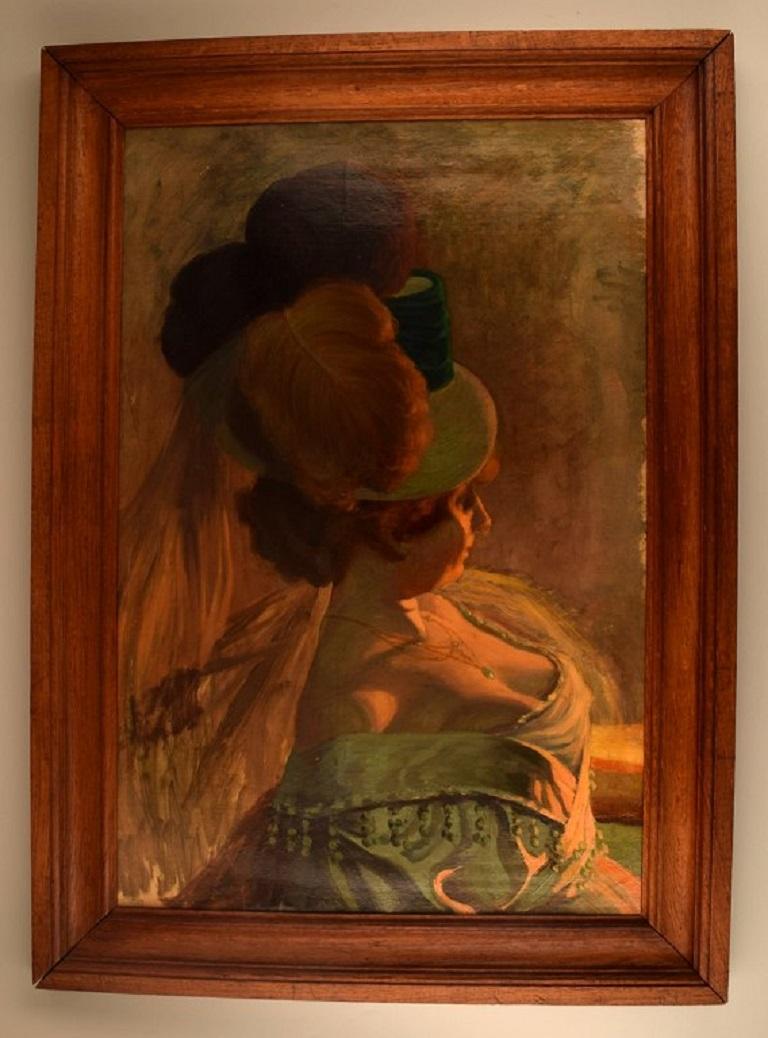 Henry Bouvet (1859-1945), French artist. Oil on canvas. 
Lady with a feathered hat. Early 20th century.
The canvas measures: 79 x 52 cm.
The frame measures: 8.5 cm.
In excellent condition. 
Relined and restretched.
Stamp signature.
Painting by Henry