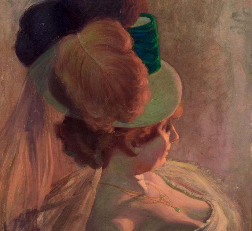 Francese Henri Bouvet (1859-1945) artista francese. Olio su tela. Signora con cappello di piume. in vendita