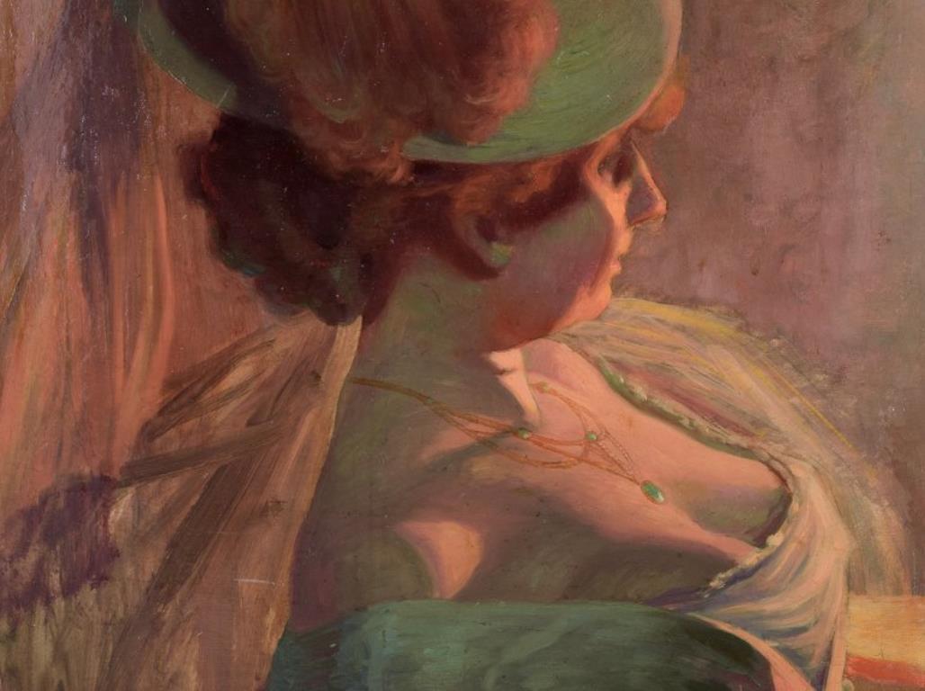 Henri Bouvet (1859-1945) artista francese. Olio su tela. Signora con cappello di piume. In condizioni ottime in vendita a Copenhagen, DK