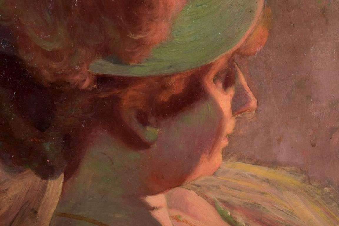 XX secolo Henri Bouvet (1859-1945) artista francese. Olio su tela. Signora con cappello di piume. in vendita