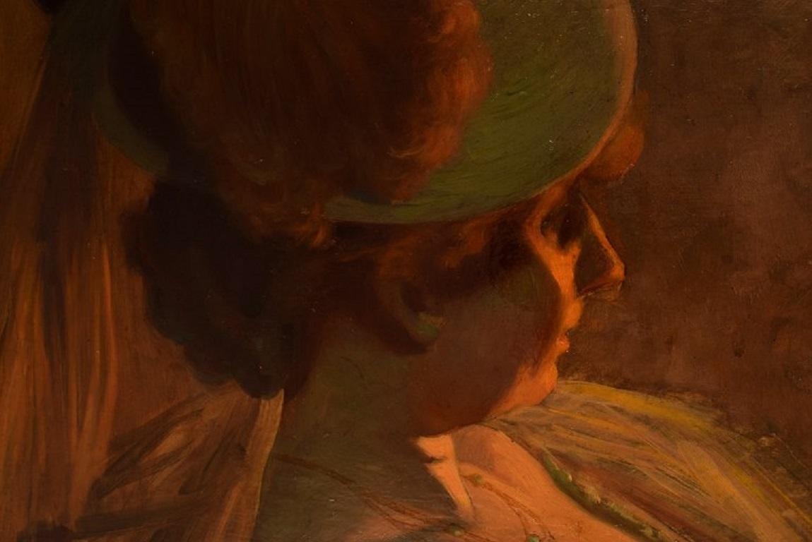 Henry Bouvet (1859-1945), French artist. Oil on canvas. Lady with feathered hat. For Sale 1