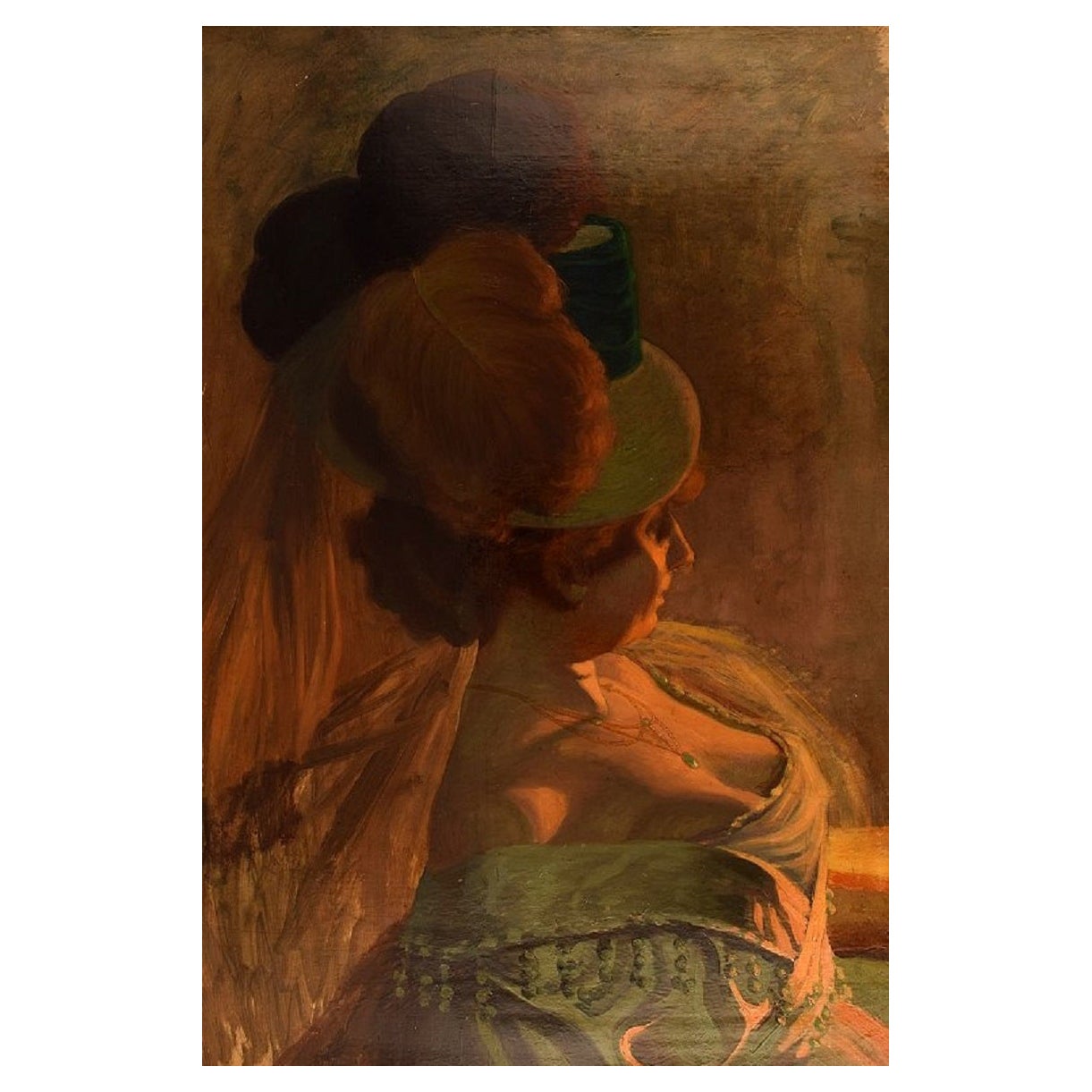 Henry Bouvet (1859-1945), französischer Künstler. Öl auf Leinwand. Lady mit gefiedertem Hut. im Angebot