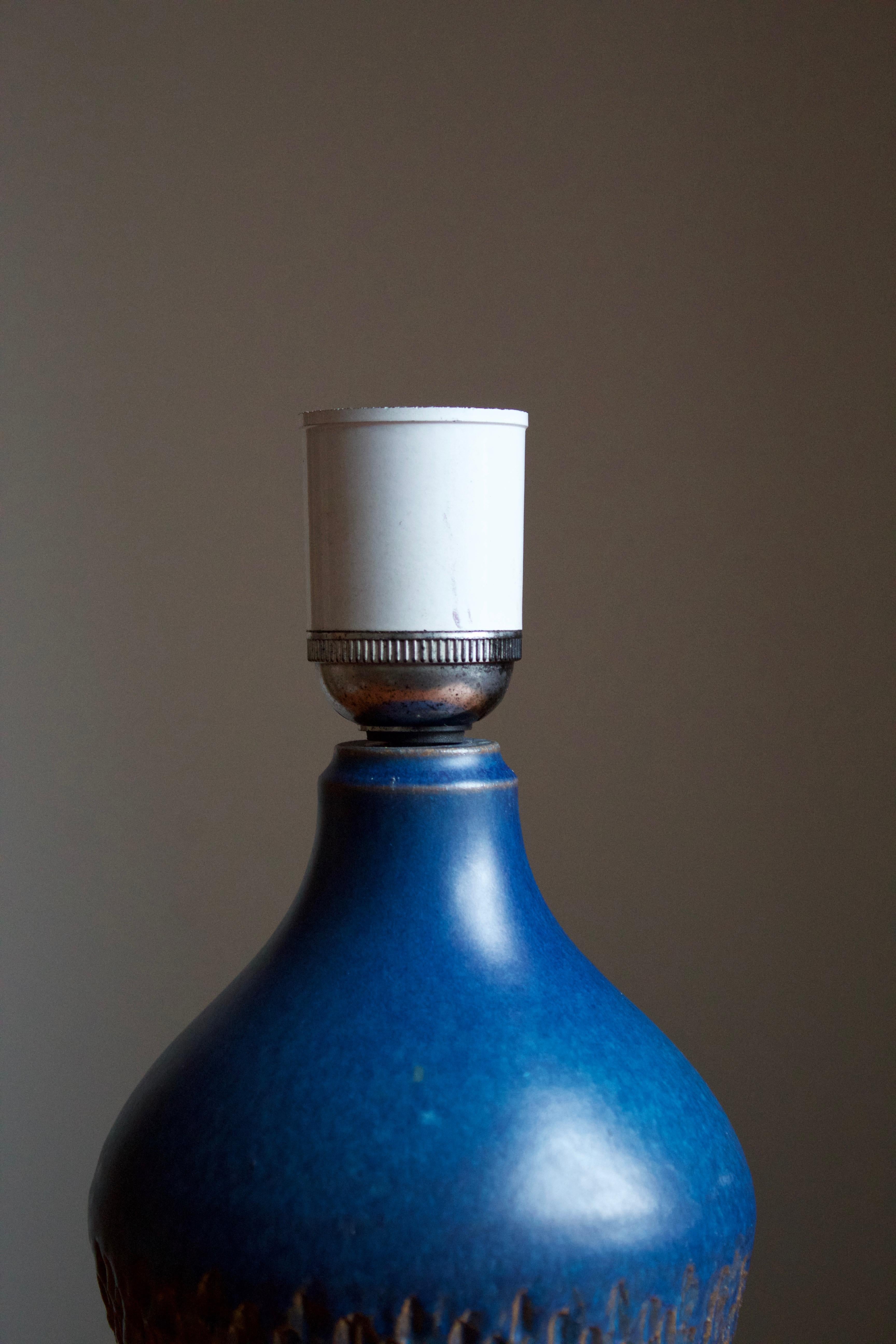 Swedish Henry Brandi, Table Lamp, Blue Glazed Stoneware, Vejbystrand, Sweden, 1960s