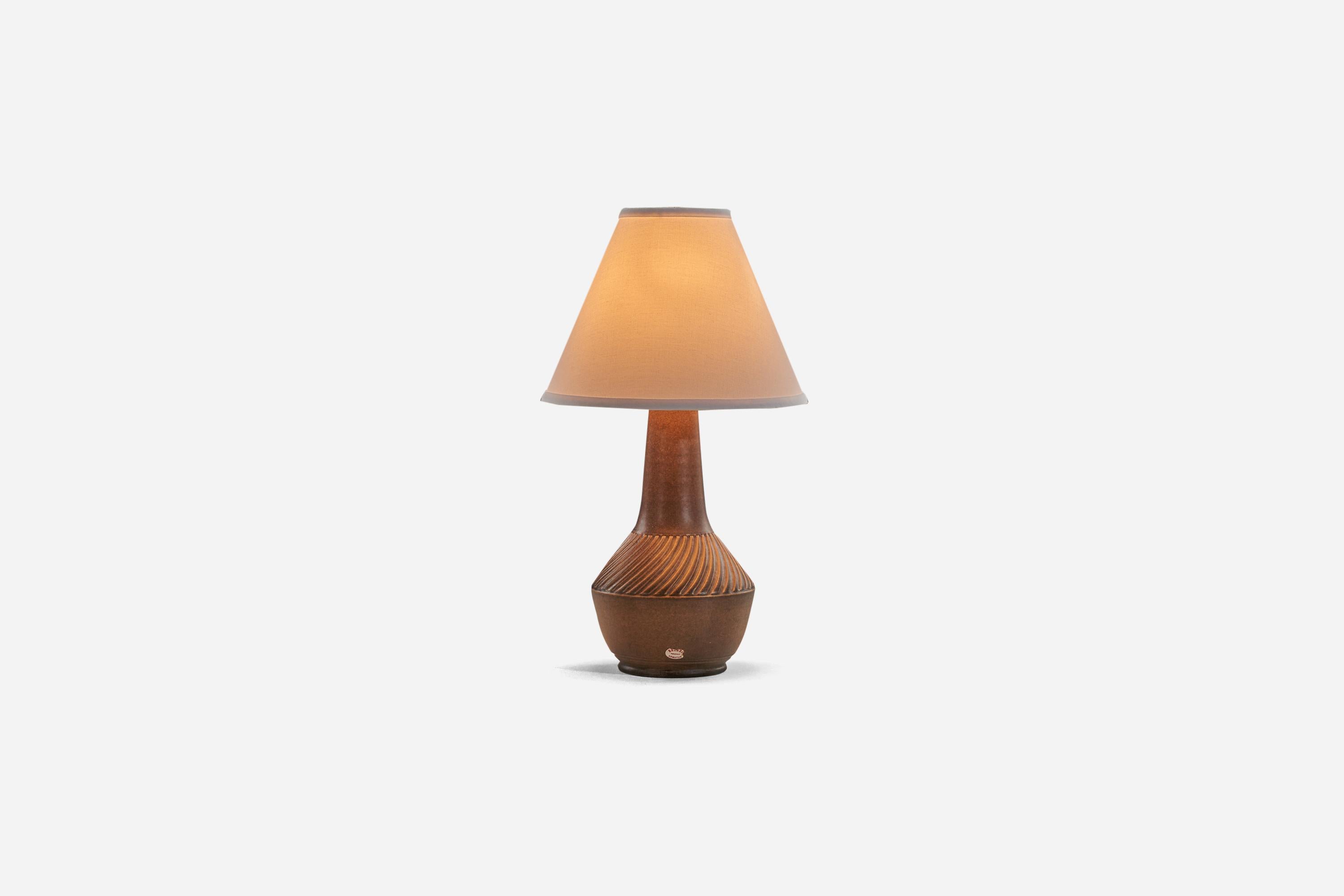Swedish Henry Brandi, Table Lamp, Brown-Glazed Stoneware, Vejbystrand Sweden, 1960s For Sale