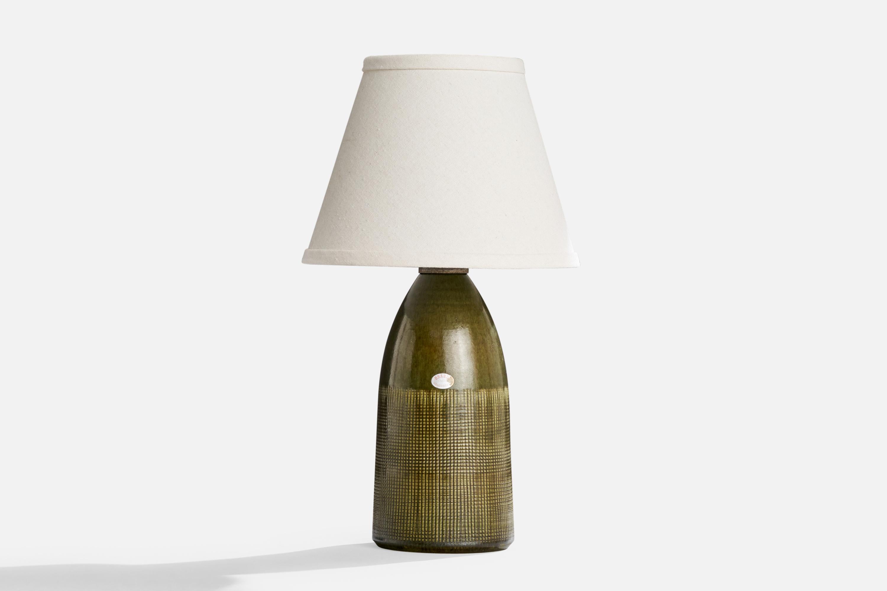 A green-glazed ceramic table lamp designed by Henry Brandi and produced by Brandi Keramik, Sweden, c. 1960s.

Dimensions of Lamp (inches): 11.8“ H x 4.75“ Diameter

Dimensions of Shade (inches): 5.25“ Top Diameter x 9.25“ Bottom Diameter x 7“