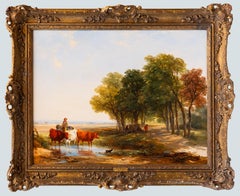 19th Century English Pastoral Landscape with Cattle and Figures by Henry Brittan