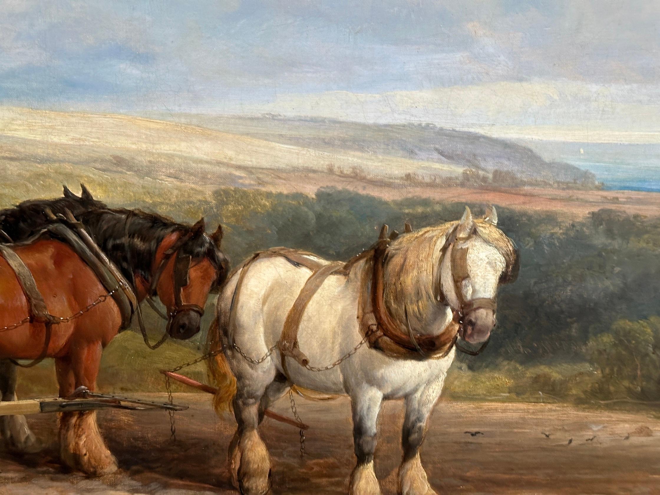 19th century English Harvest landscape with horses, farmers, children, family For Sale 7