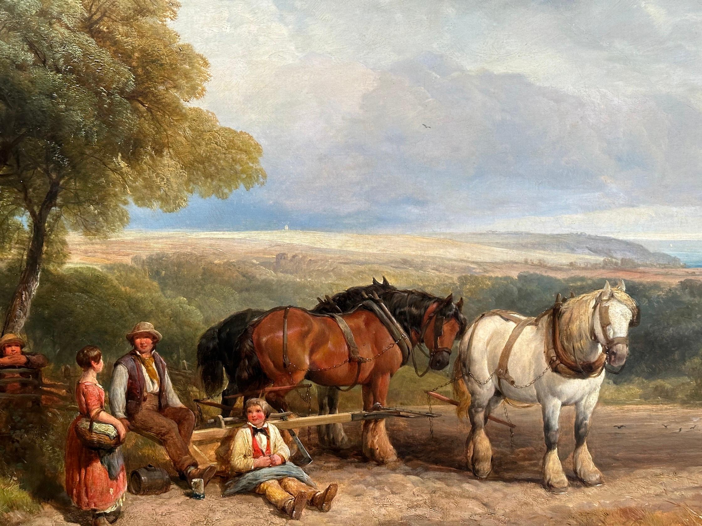 19th century English Harvest landscape with horses, farmers, children, family - Painting by Henry Brittan Willis