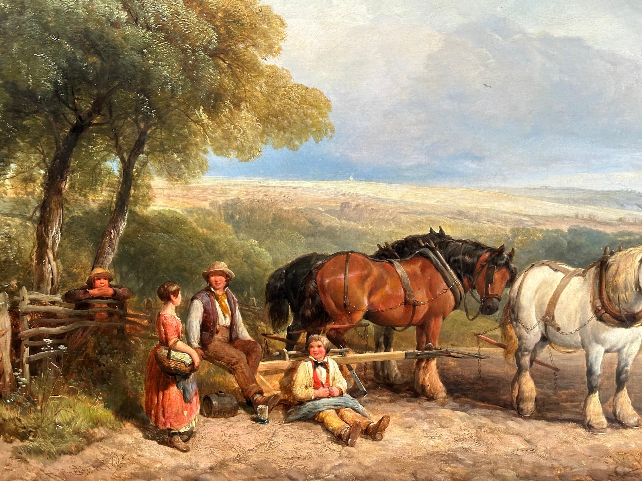 19th century English Harvest landscape with horses, farmers, children, family - Victorian Painting by Henry Brittan Willis