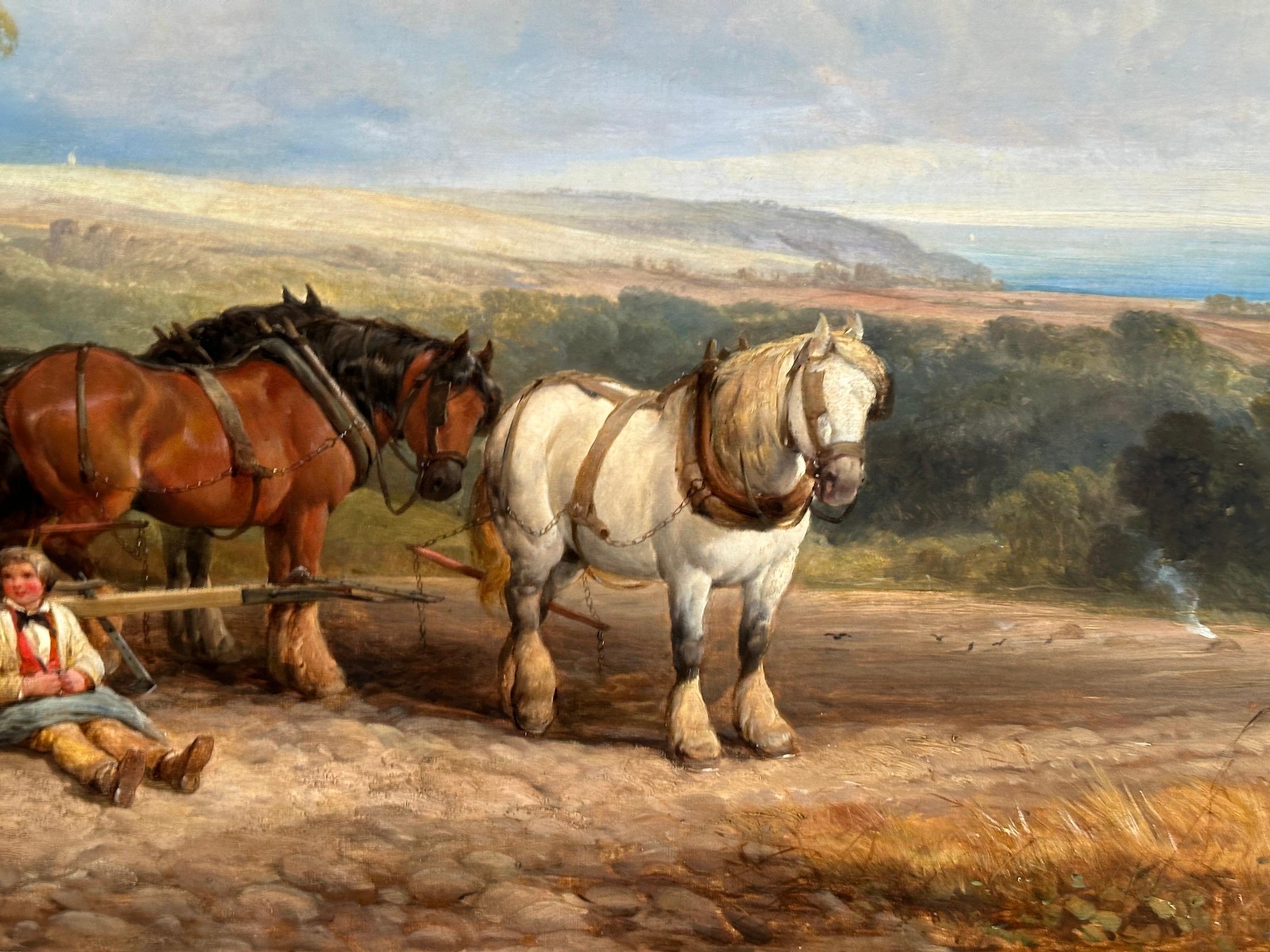 Henry Brittian Willis

English plough team at rest during harvest Summertime.

A painting by Henry Brittiam Willis capturing a 19th-century English plough team, complete with horses, farmers, and their children, set against an expansive landscape
