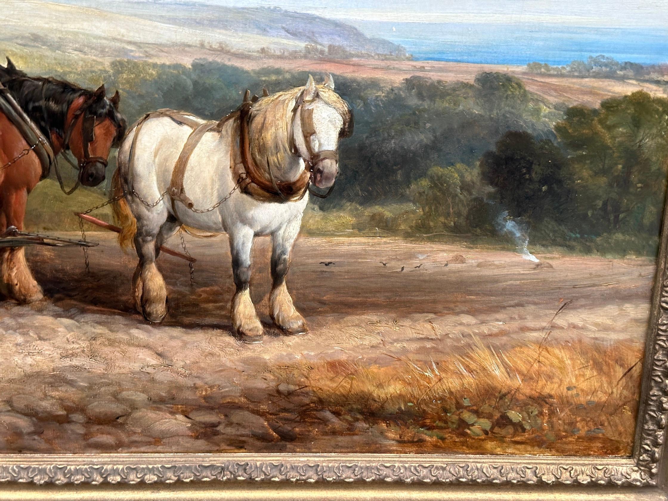 19th century English Harvest landscape with horses, farmers, children, family For Sale 1