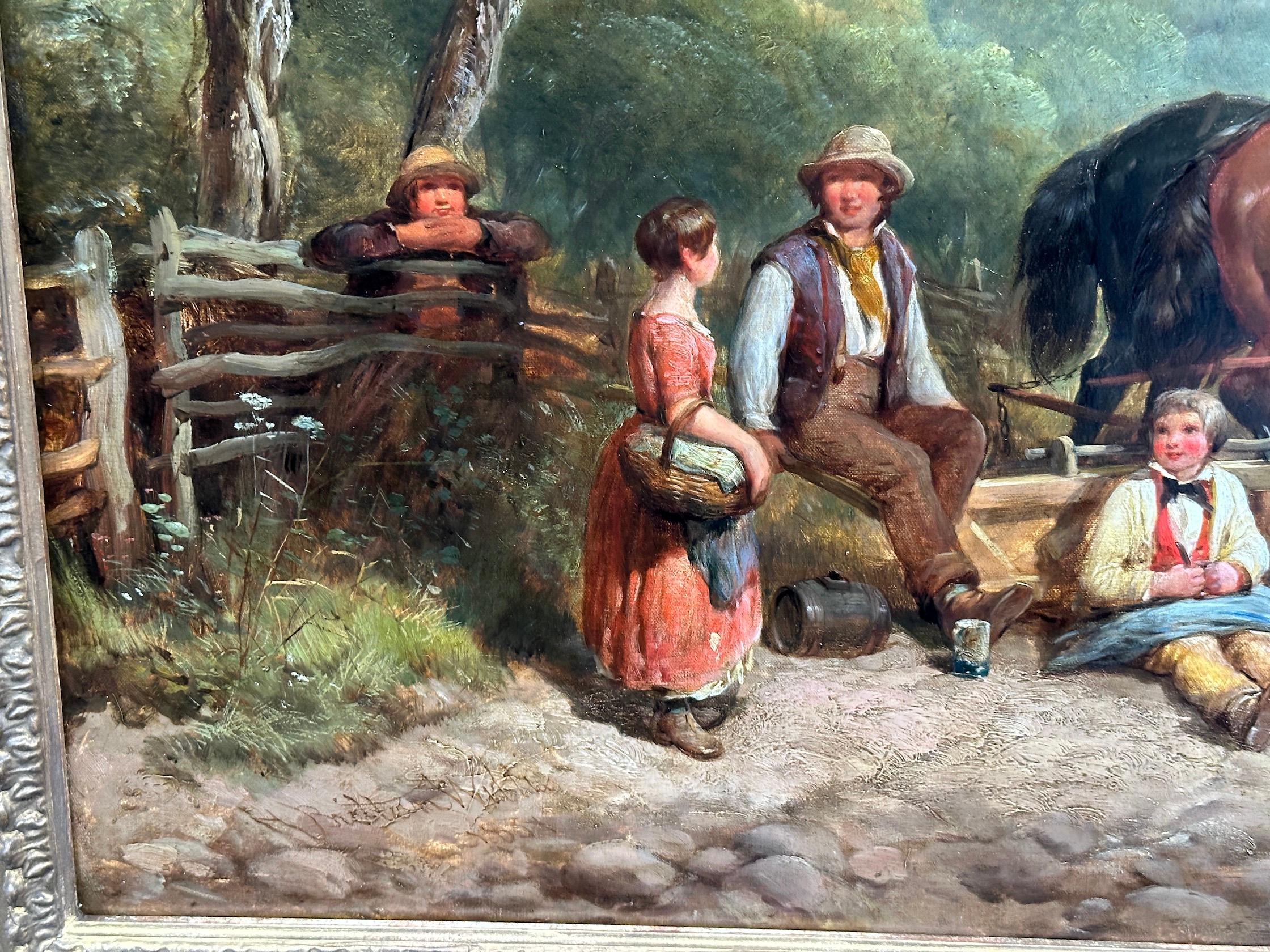 Paysage de moisson anglais du 19e siècle avec chevaux, fermiers, enfants, famille en vente 1