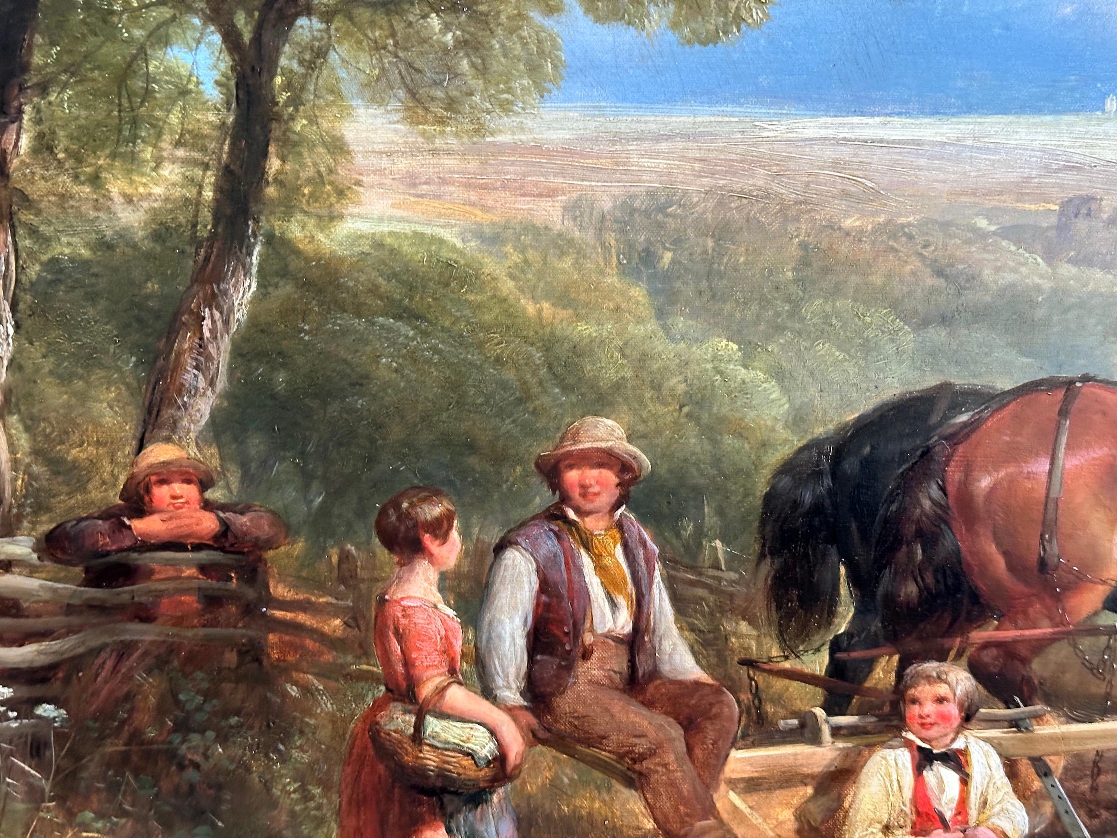 19th century English Harvest landscape with horses, farmers, children, family For Sale 2