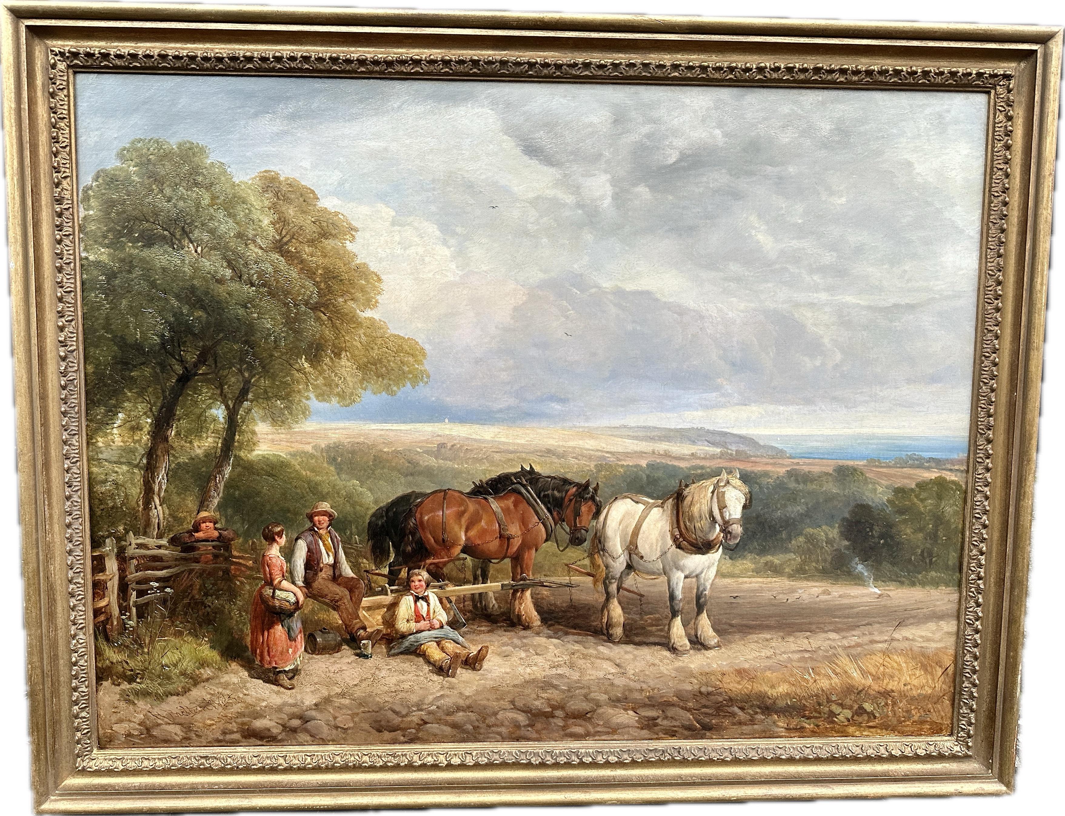 Landscape Painting Henry Brittan Willis - Paysage de moisson anglais du 19e siècle avec chevaux, fermiers, enfants, famille